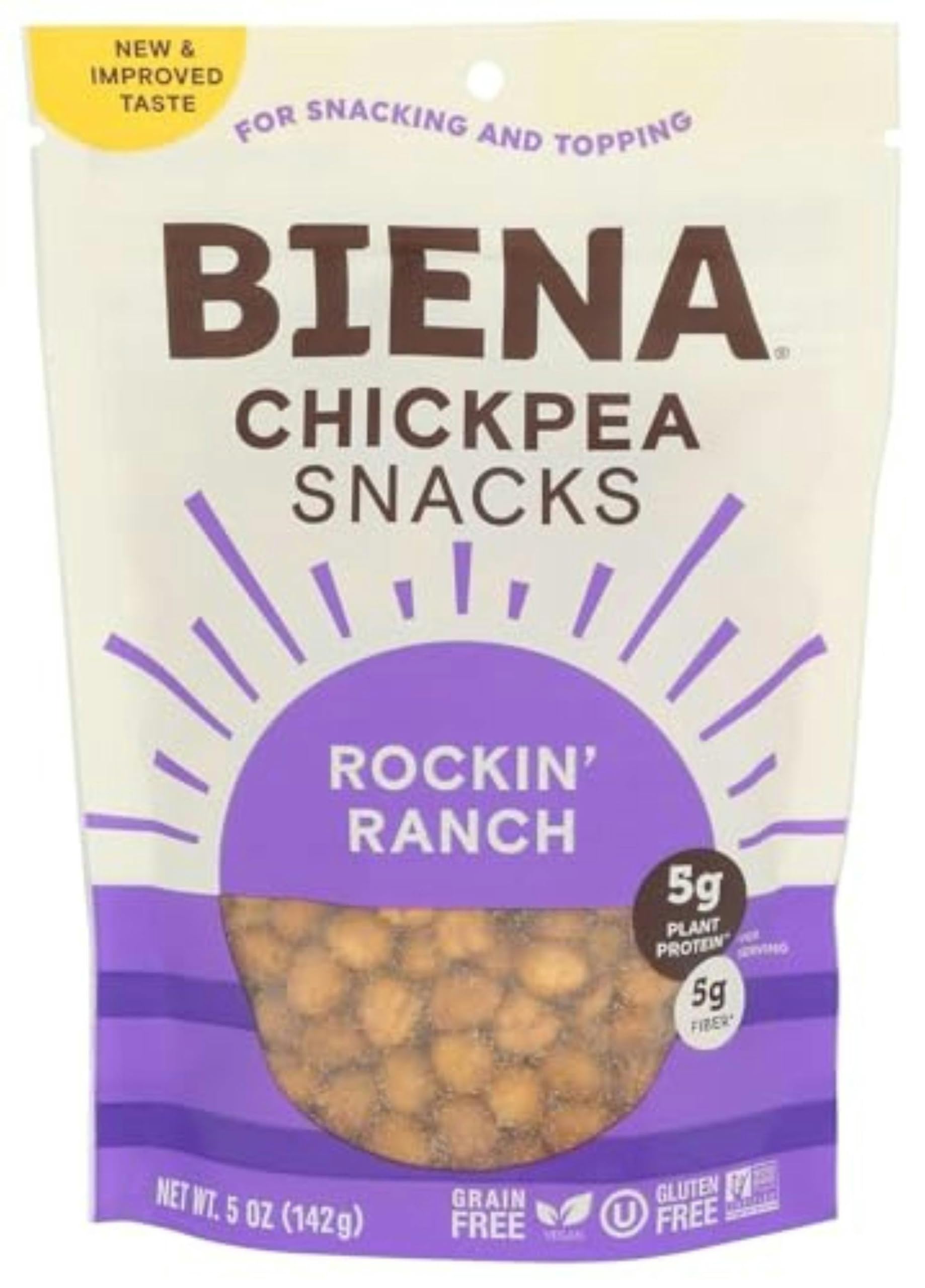 BIENA Chickpea Snacks - Crunchy Roasted Chickpeas - High Fiber Vegan Protein Snacks for Adults and Kids - 5 Ounce Individual Pack - Rockin' Ranch