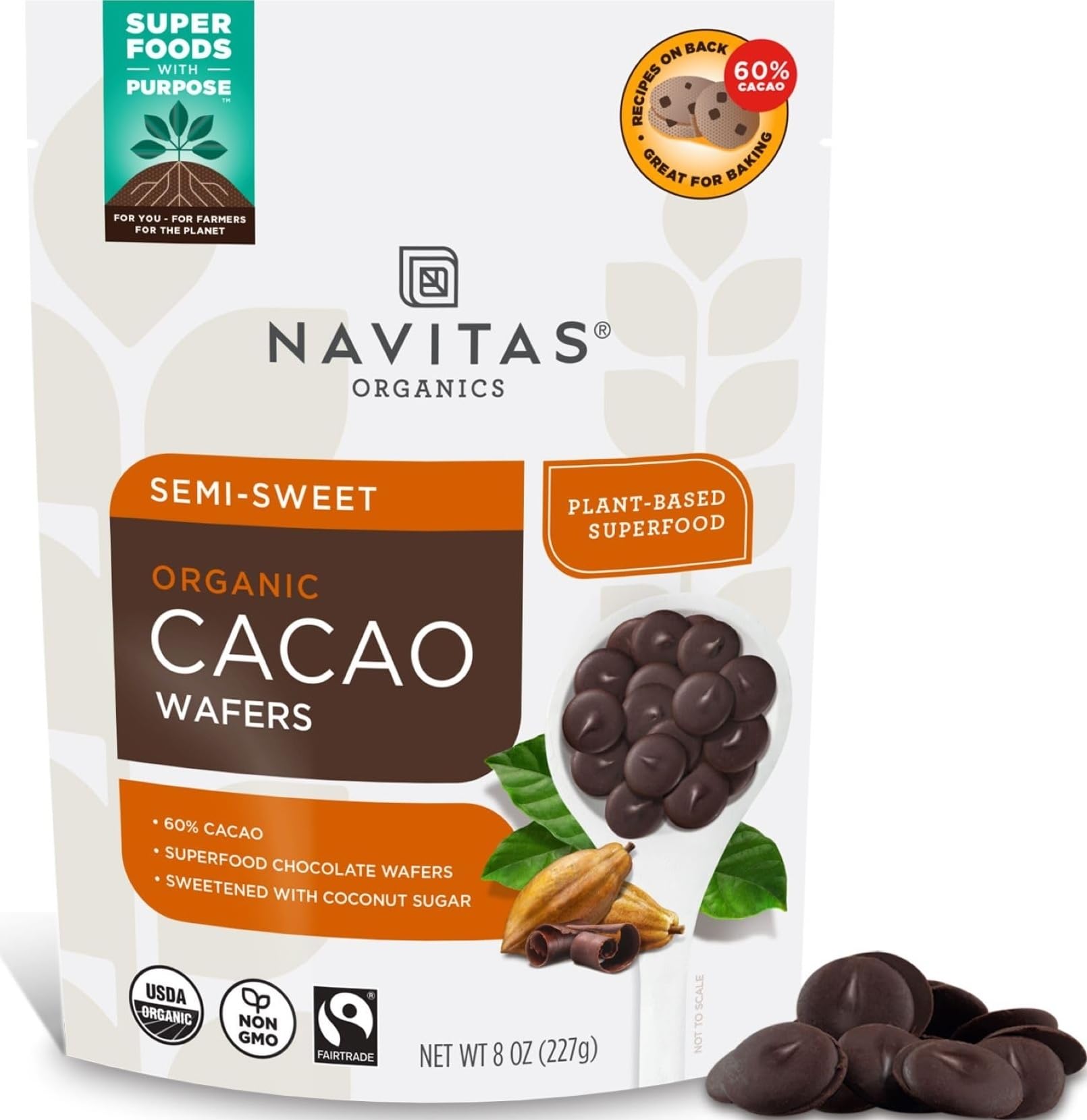 Navitas Organics Semi-sweet Cacao Wafers – 60% Cocoa – Dark Chocolate for Baking & Snacking – Ethically Sourced Chocolate – USDA Organic, Fairtrade, Non GMO, Gluten Free (8oz. Bag, 17 Servings)