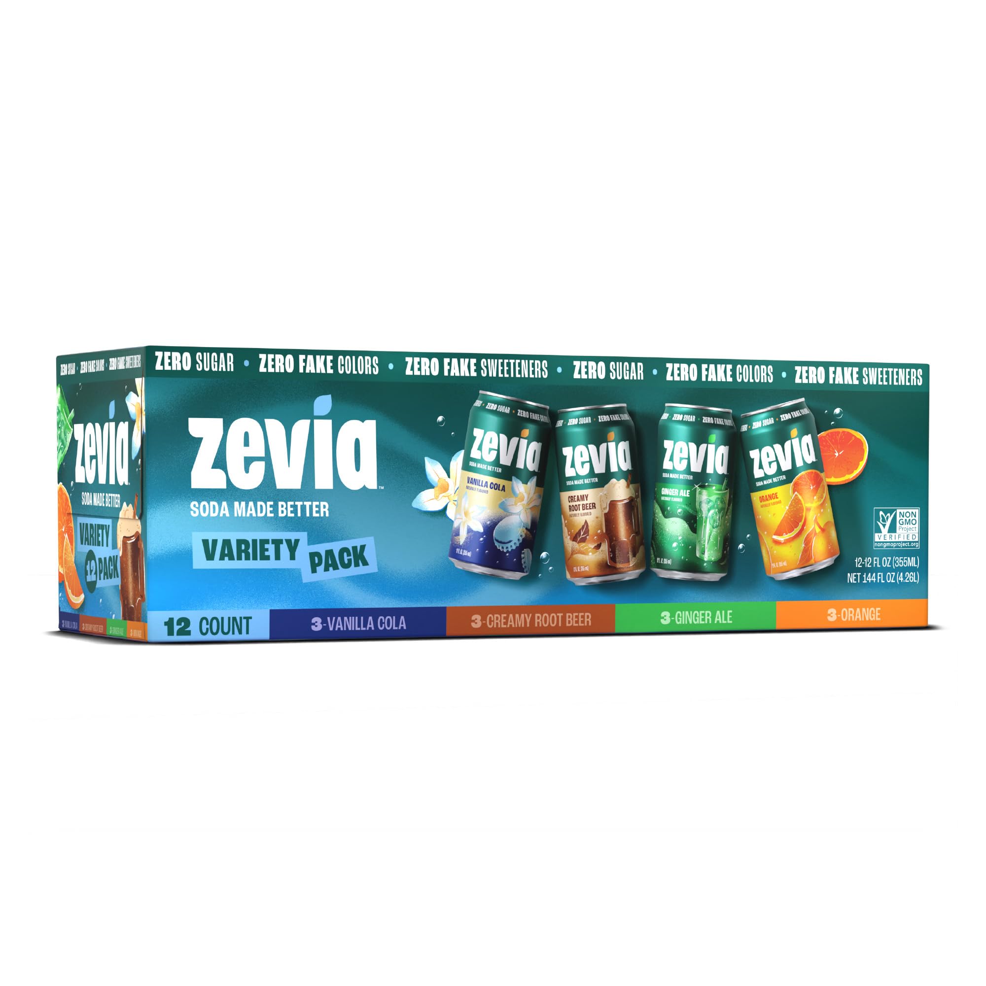 Zevia Zero Sugar Soda, Variety Pack, 12 oz Cans (12-Pack) – Caffeine Free, Naturally Sweetened, No Calorie Soda - Non-GMO Project Verified, Gluten-Free, Vegan