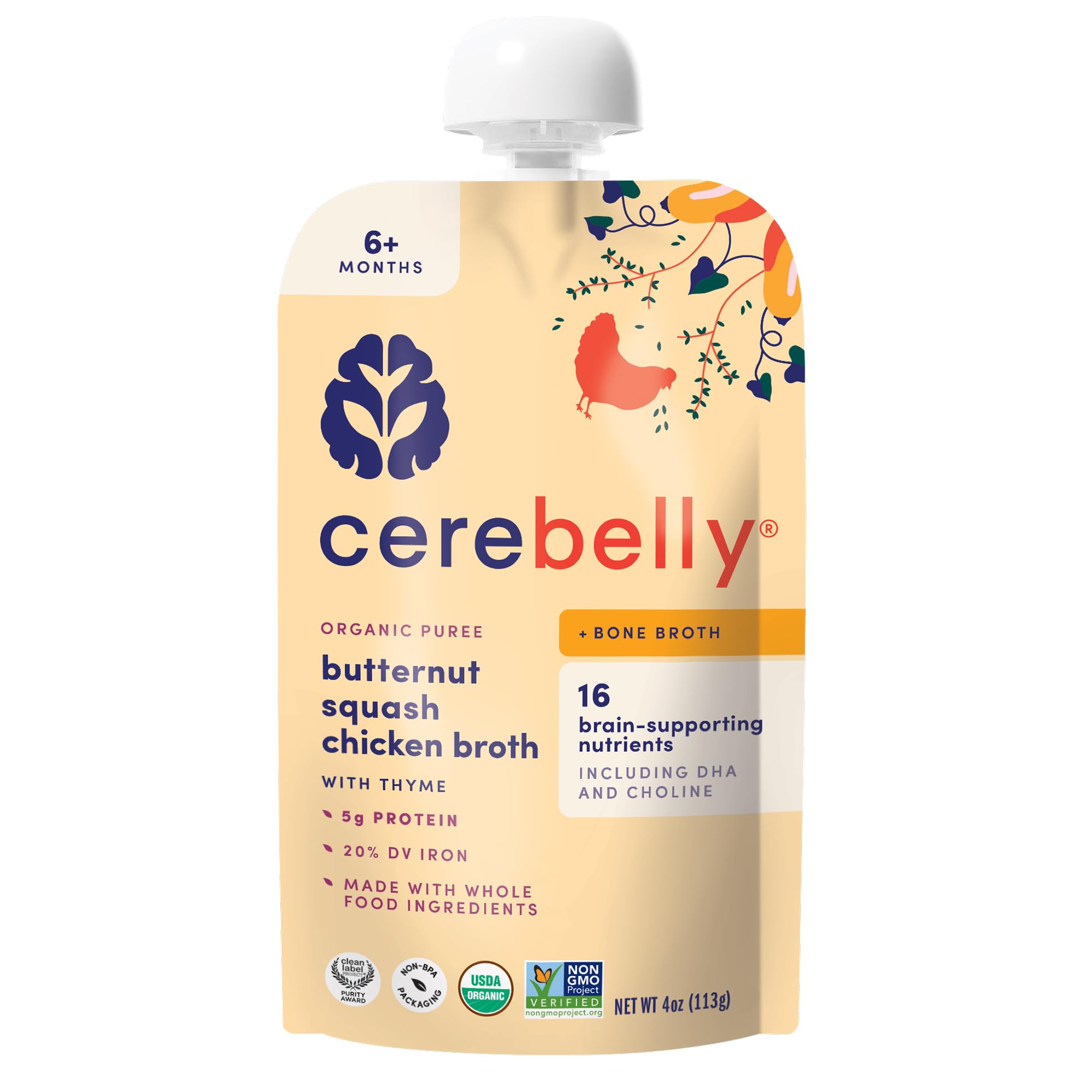 Cerebelly Organic Baby Food Pouches, Butternut Squash Chicken Bone Broth with Thyme, 16 Nutrients, Protein & Healthy Fats, 4oz, 1 Count