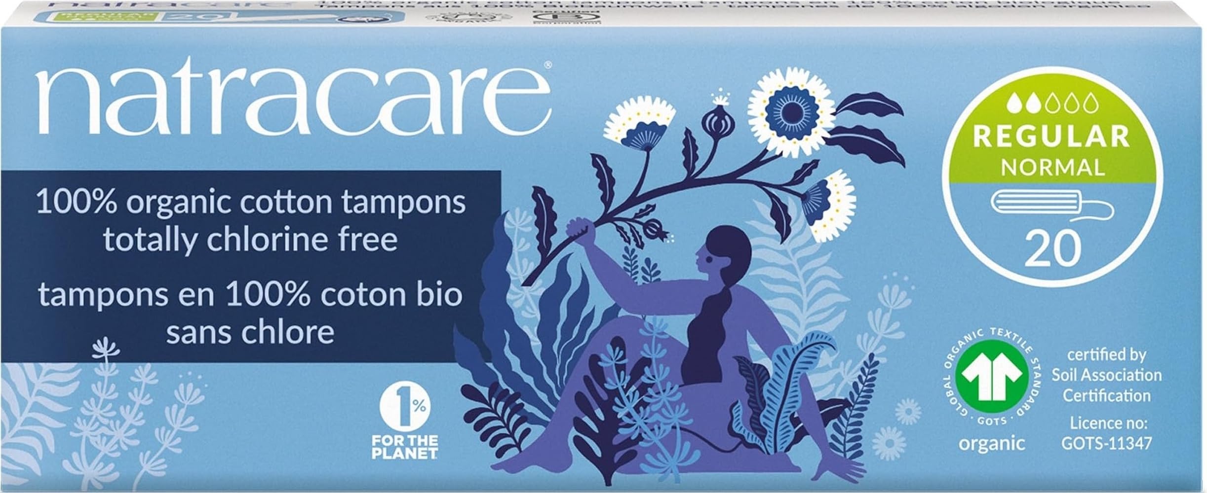 Natracare Non-Applicator 100% Organic Cotton Tampons, Regular, Totally Chlorine Free, Biodegradable and Compostable (1 Pack, 20 Tampons Total)