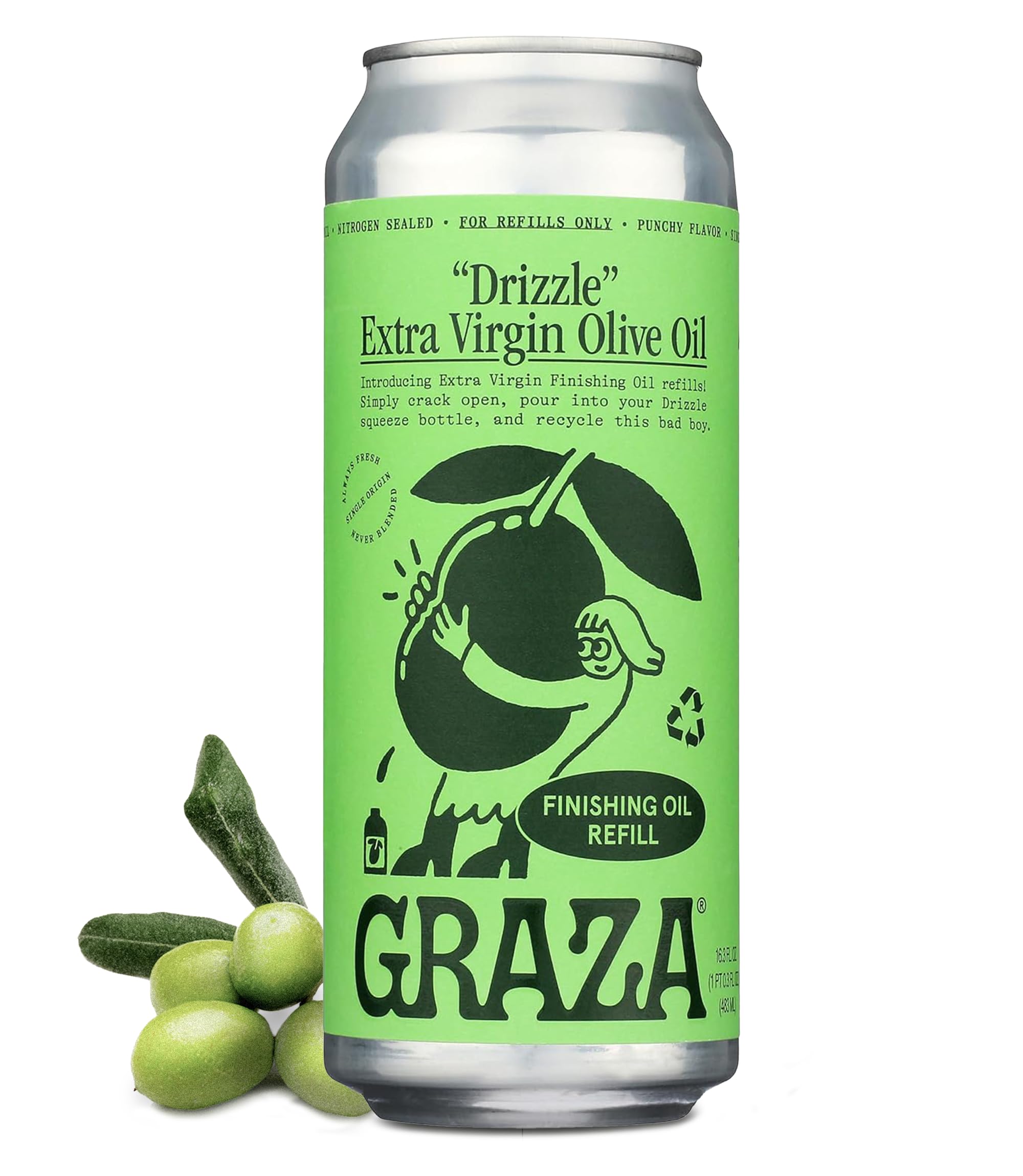 Graza Drizzle Extra Virgin Olive Oil, Finishing Oil - High Polyphenol Early Harvest EVOO Finishing Oil in a Squeeze Bottle - Single Farm Olives from Spain - 16.9 Fl Oz (500ml) Refill Can