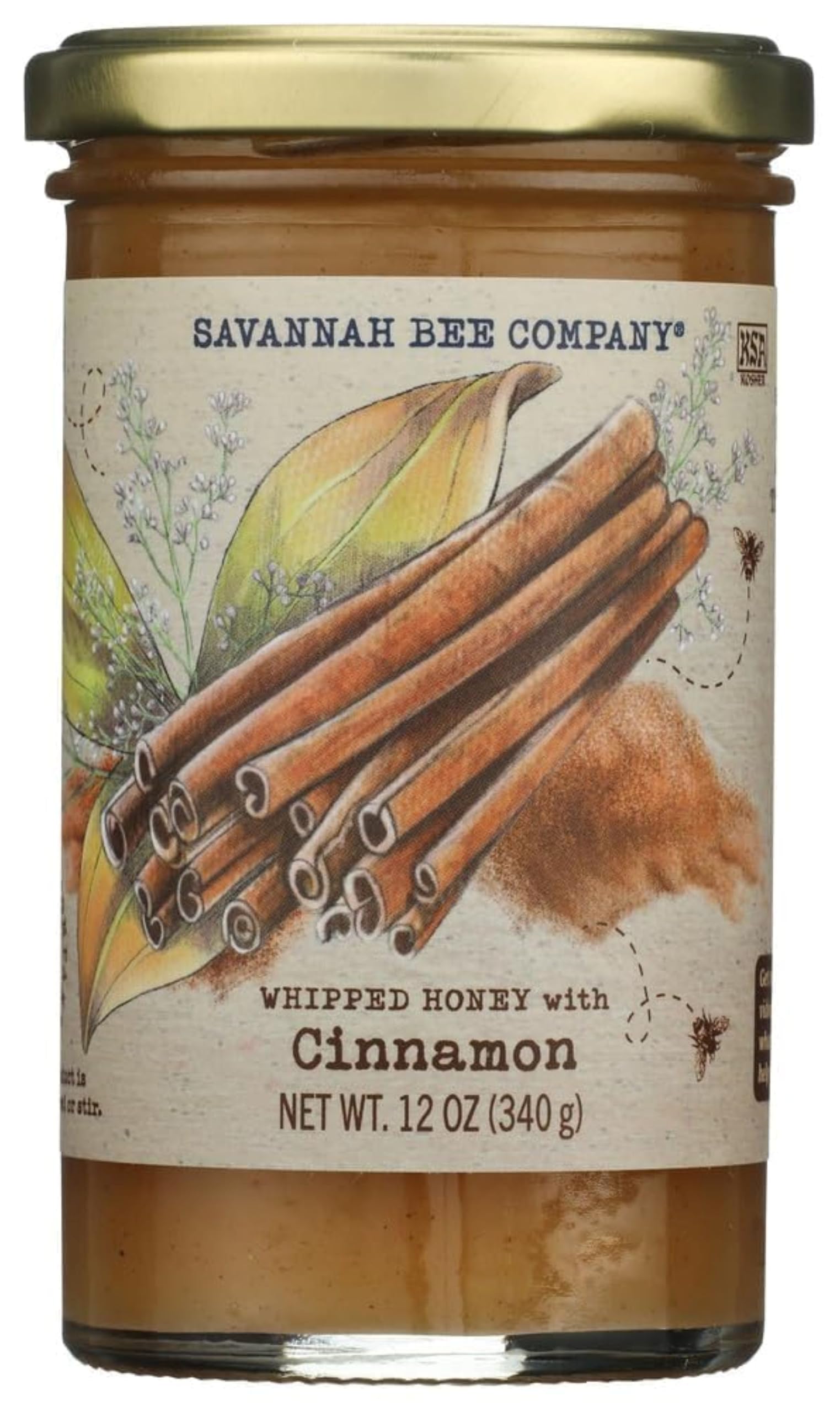 Savannah Bee Company Whipped Honey All Natural Spreadable (12oz, Cinnamon) | Smooth spreadable honey, pure natural sweetener, for toast, tea, yogurt and recipes, cinnamon flavor