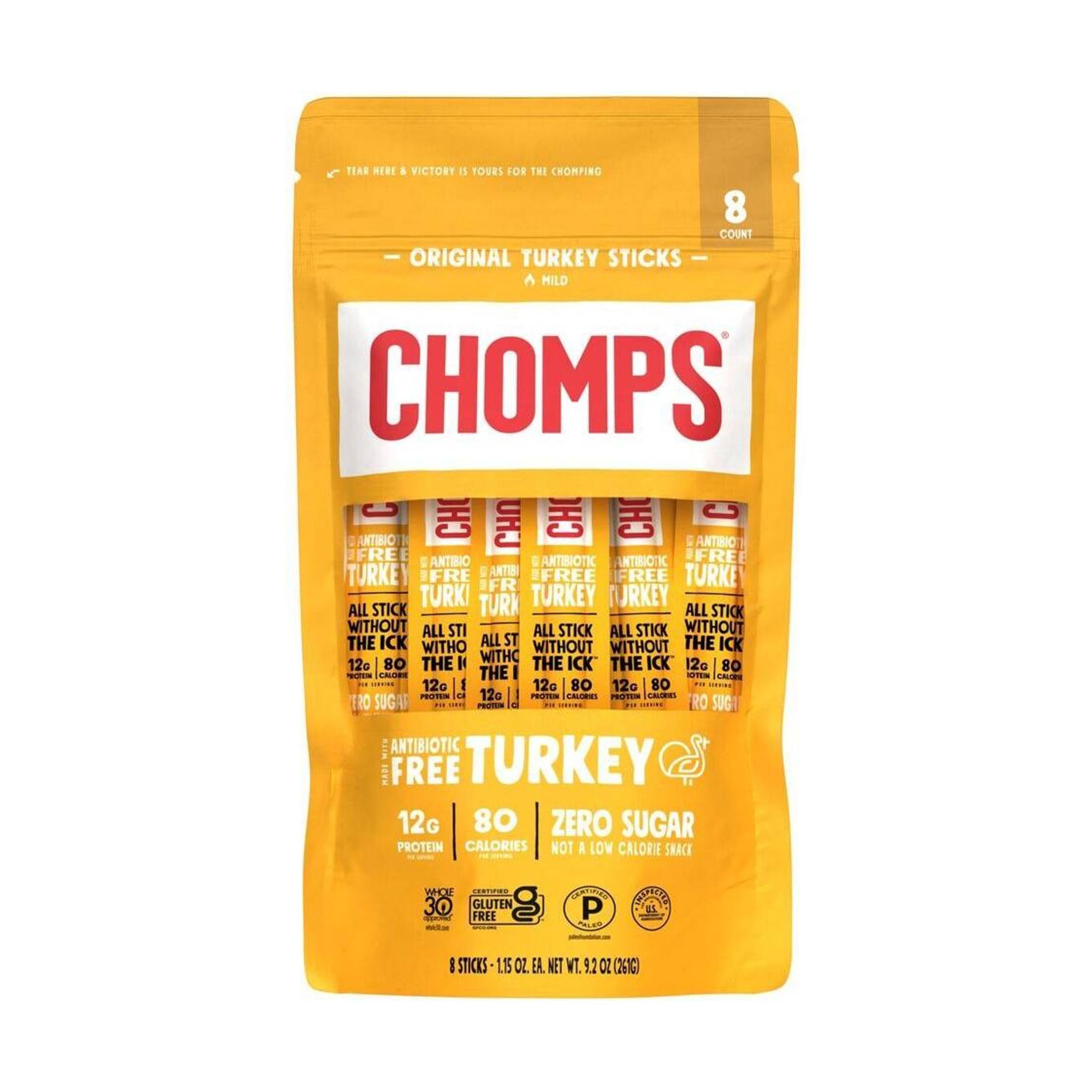 Chomps Original Turkey, Antibiotic Free, 8ct, Protein Snack Stick | Keto, Paleo, Gluten Free Turkey Stick, Zero Sugar Food, Whole30 Approved, Low Carb Snack, On-The-Go Nutrition, 12G Protein