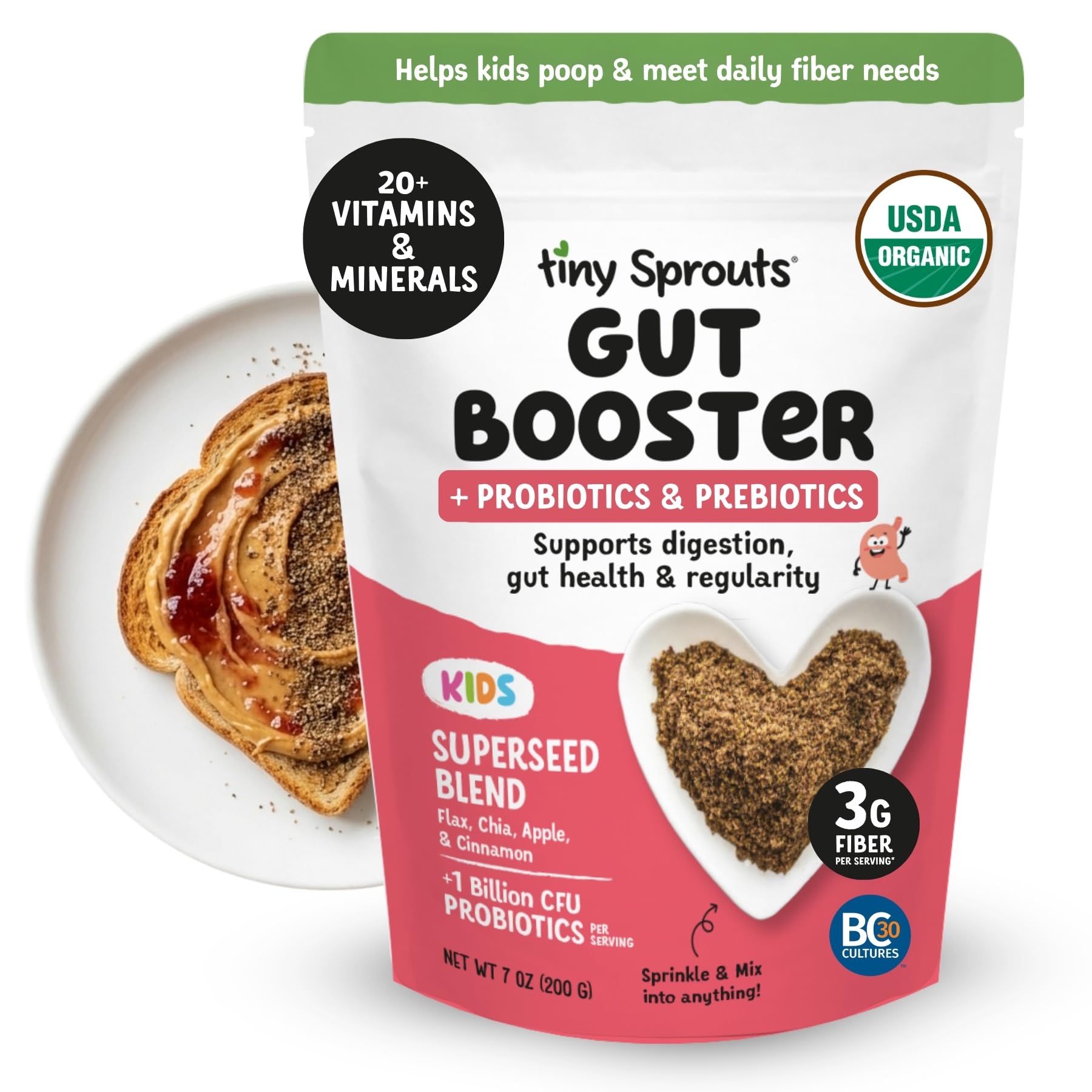 Tiny Sprouts Organic Milled Chia & Flaxseed Gut Booster + Probiotics + Vitamin D3 | Kids Natural Constipation & Digestive Support | Prebiotic Fiber, Omega-3, Iron, Protein | Apple & Cinnamon Superseed Blend | 7 oz x 1 Pack