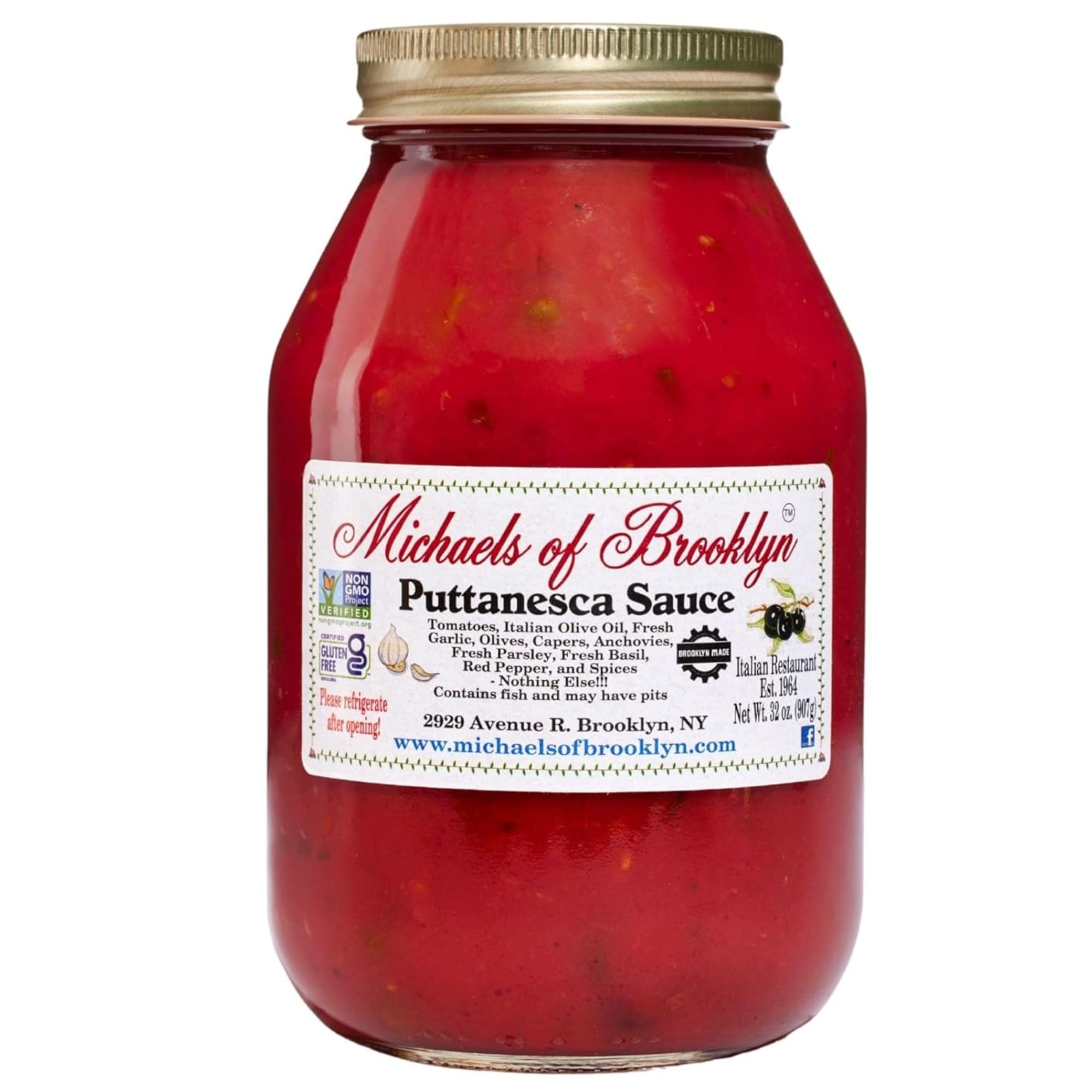 Michael's of Brooklyn Puttanesca Sauce, 32 oz (Pack of 1) - Italian Pasta Sauce, Imported Tomatoes, Olive Oil, Olives, Capers, Anchovies, Fresh Garlic & Basil - Gluten Free, Non-GMO, No Added Sugar