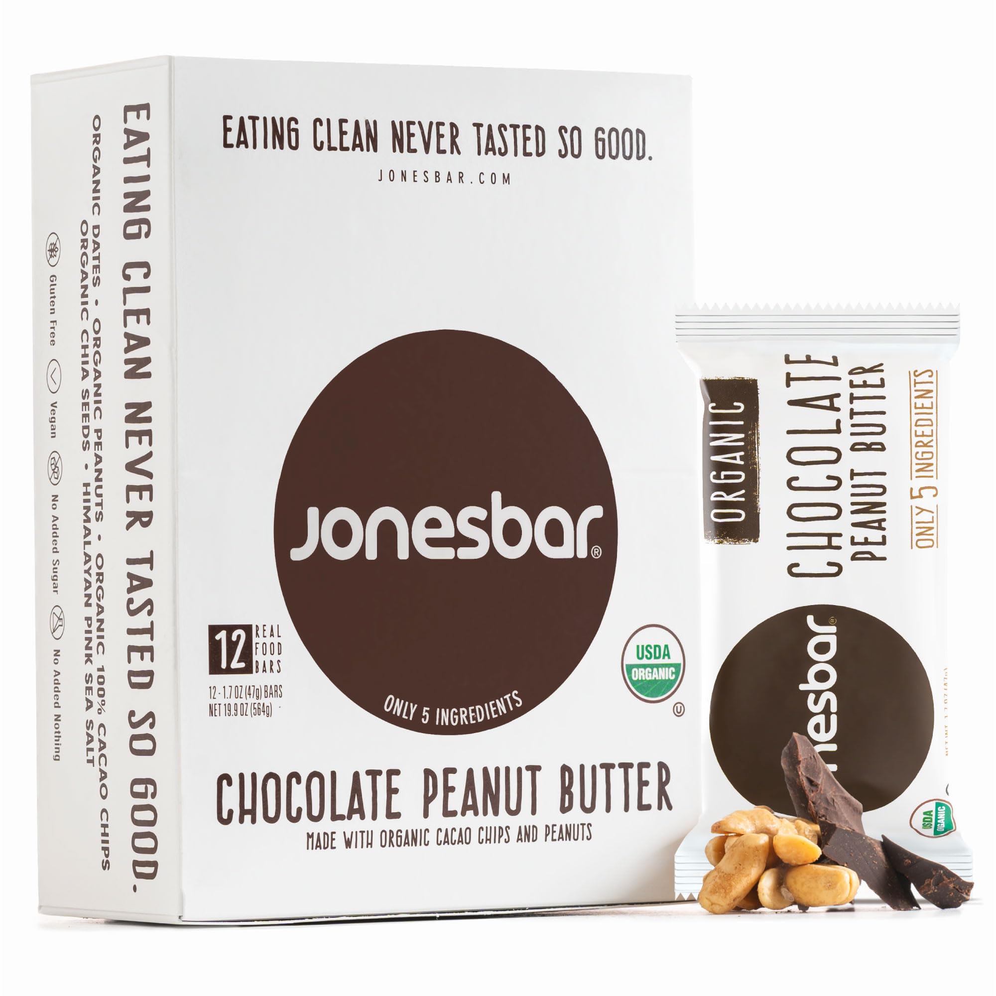 Jonesbar Organic Vegan Protein Bars | Chocolate Peanut Butter, 12 Bars | Healthy Gluten Free Snacks, Vegan, Kosher, 6g Protein, No Added Sugar, No Oils, Nothing Artificial, Only 5 Ingredients
