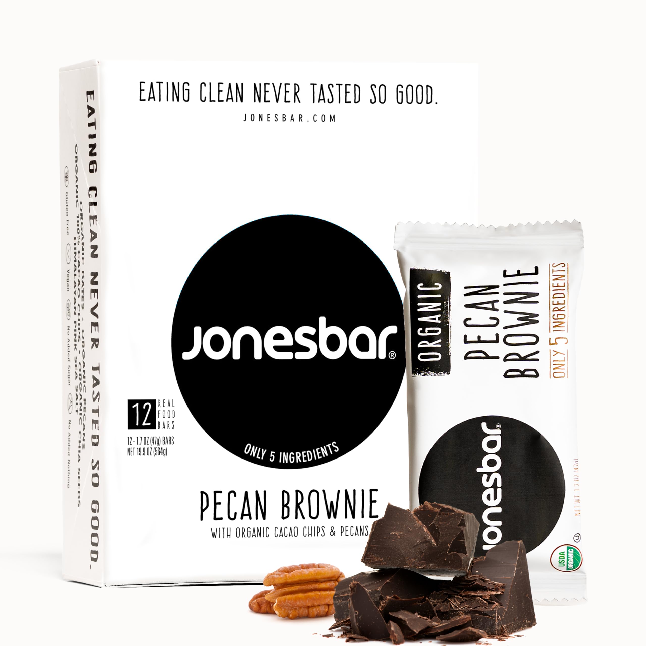 Jonesbar Organic Plant Based Protein Bars | Pecan Brownie, 12 Bars | Healthy Gluten Free Snacks, Vegan, Kosher, No Added Sugar, No Oils, Nothing Artificial, Only 5 Ingredients
