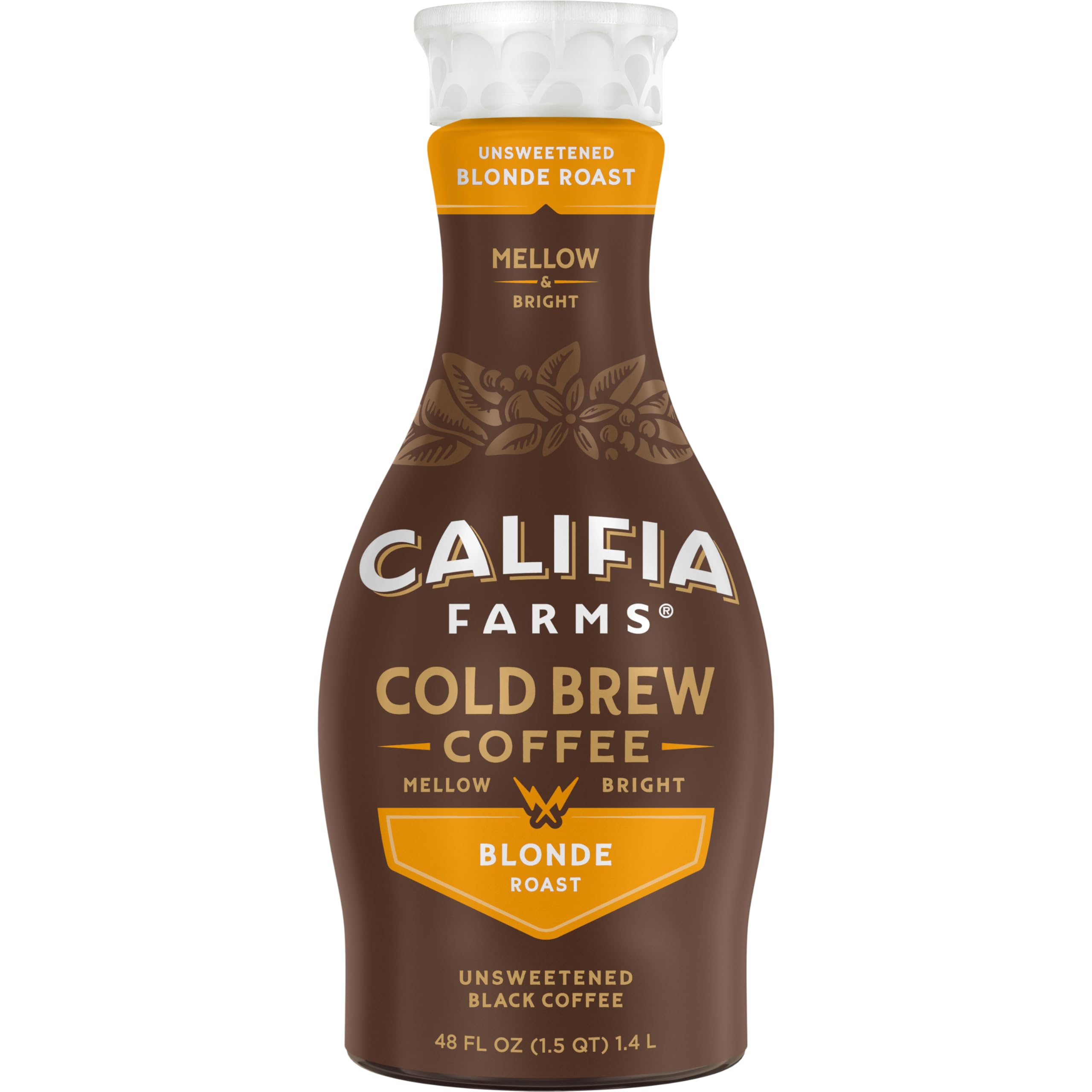 Califia Farms - Pure Black Blonde Roast Cold Brew Coffee, 48 Oz, 100% Arabica, Plant Based, Vegan, Gluten Free, Non GMO, Sugar Free, Iced Coffee