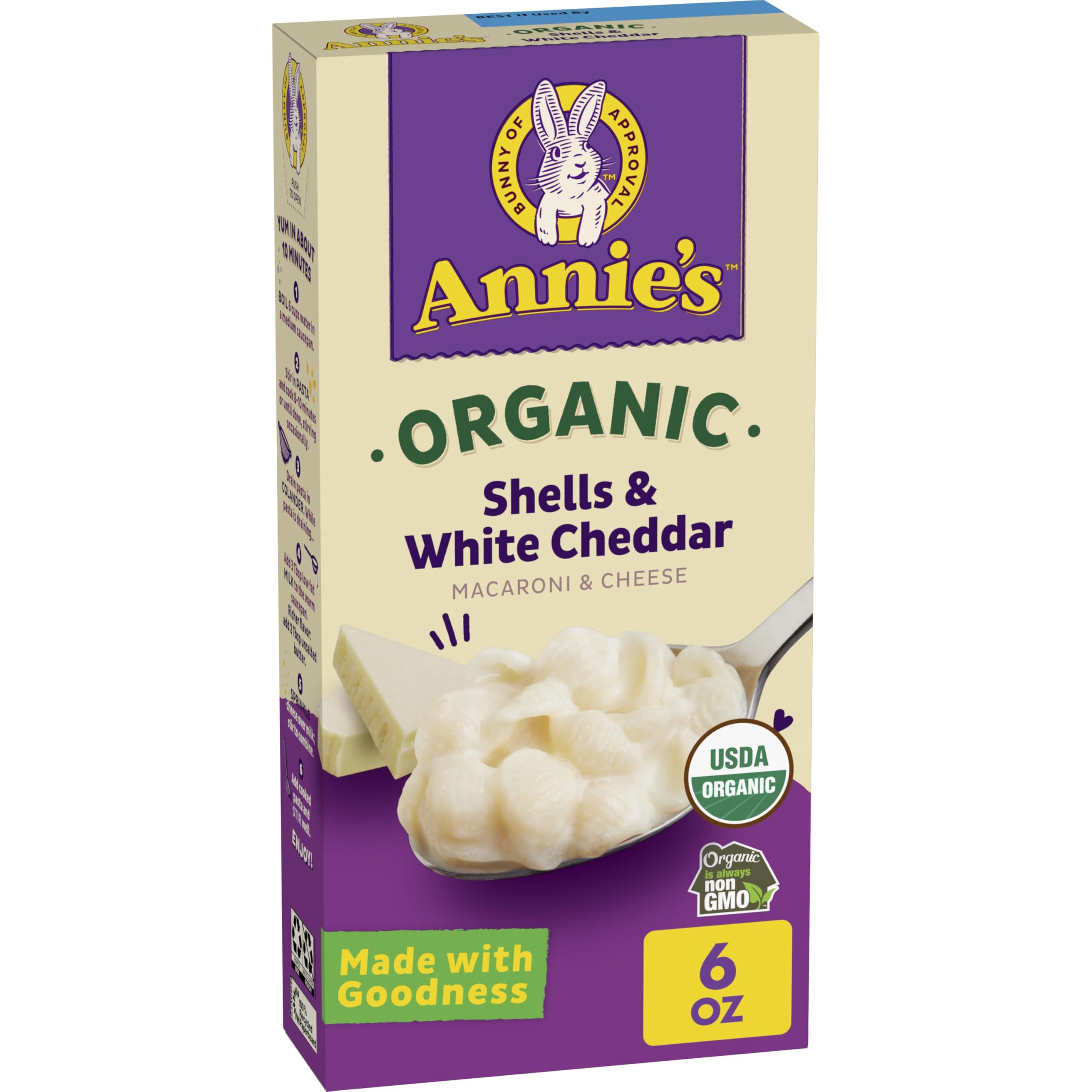 Annie's Organic Shells & White Cheddar Mac & Cheese, 6 oz | USDA Certified Organic, Real White Cheddar Cheese, No Artificial Flavors or Synthetic Colors, Ready in About 10 Minutes