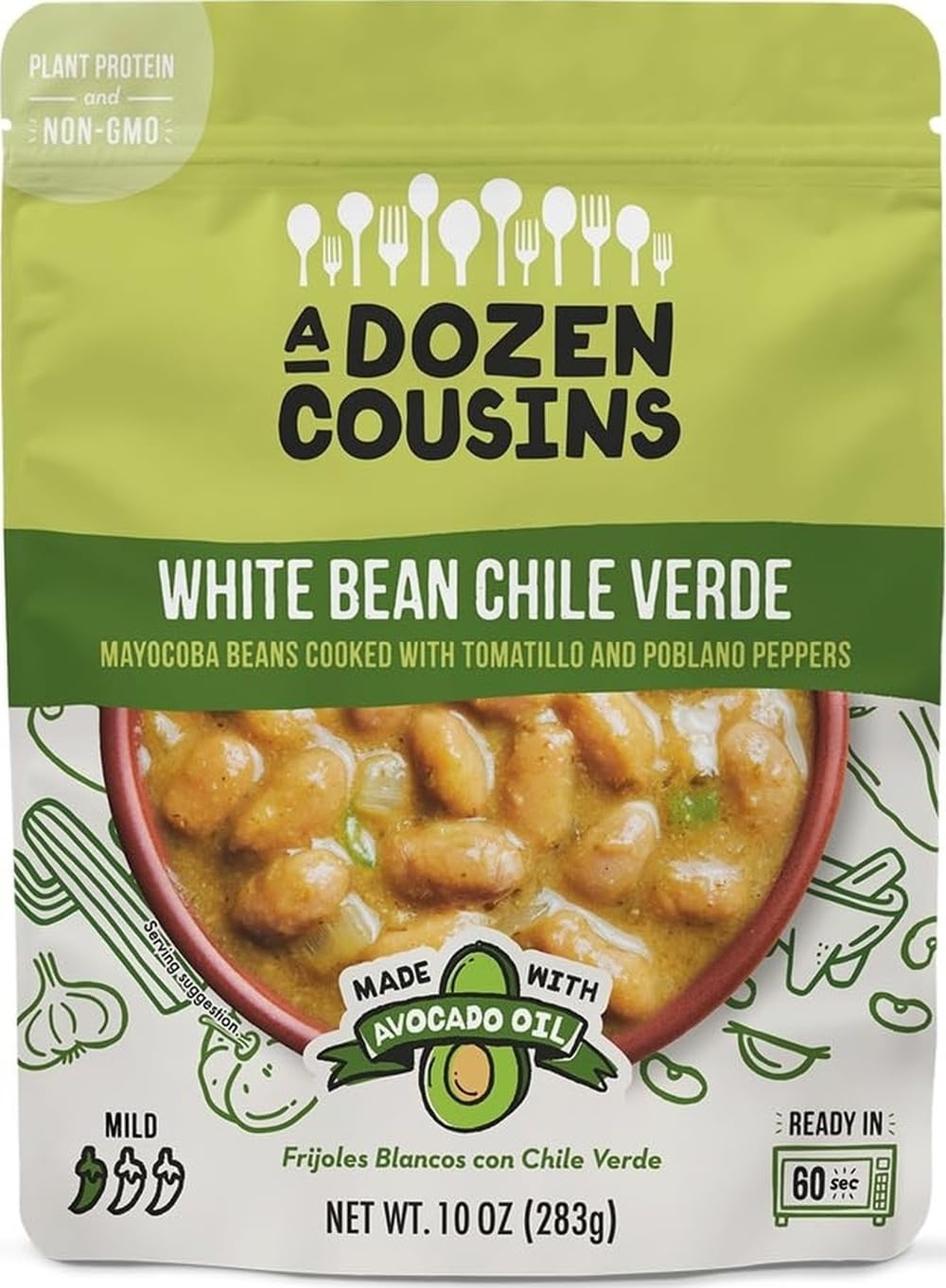 A Dozen Cousins Chile Verde White Beans, Plant Protein & Fiber, 1-Pack | Ready-to-Eat Microwave Seasoned Mayocoba Beans Pouch, Non-GMO, Avocado Oil, Gluten Free, BPA-Free, Heat & Eat 60-Second Side