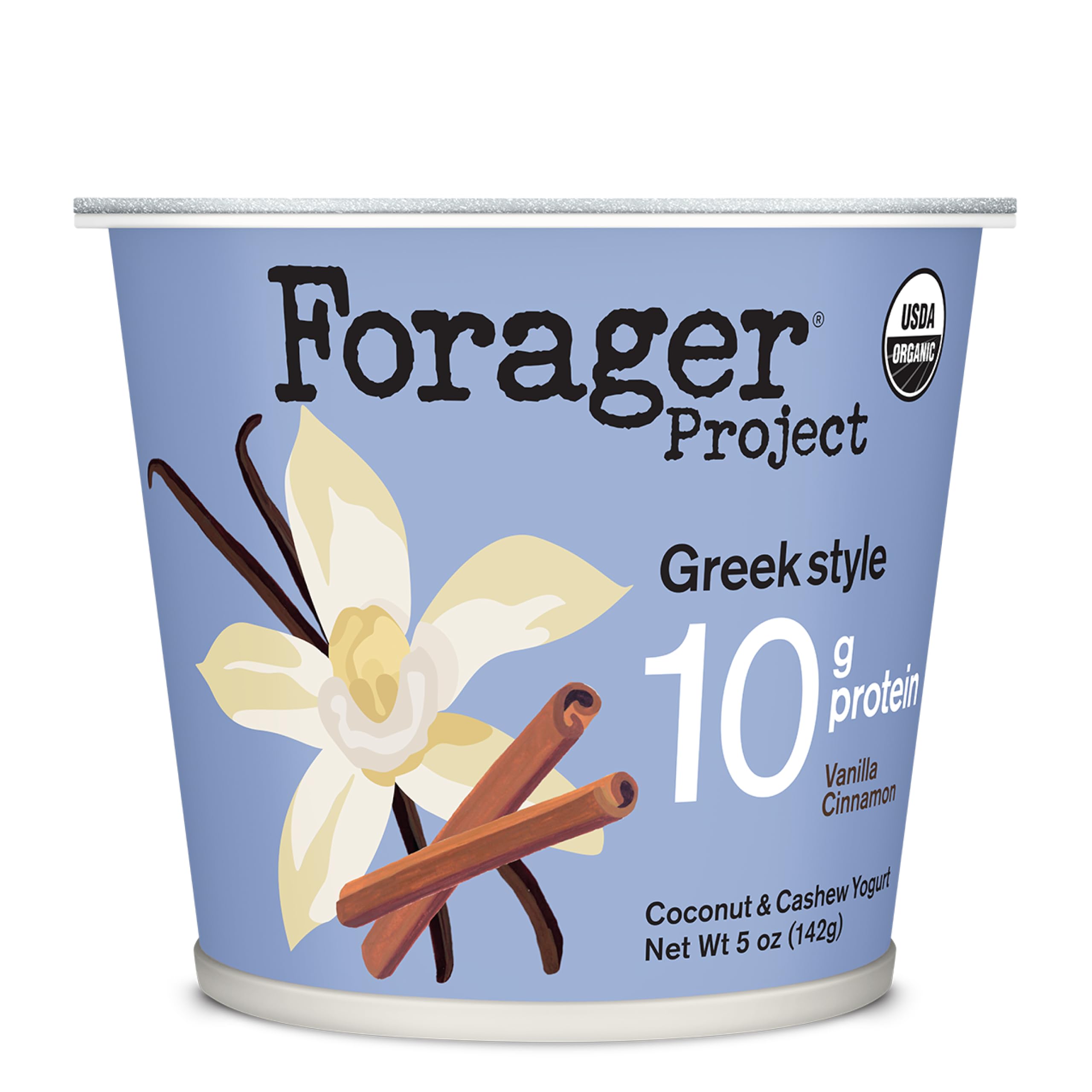 Forager Project Organic Cinnamon Vanilla Greek Cashew Yogurt, 5 oz | 10g plant-based protein, dairy-free. Real organic vanilla and cinnamon. No pea protein. Single-serve