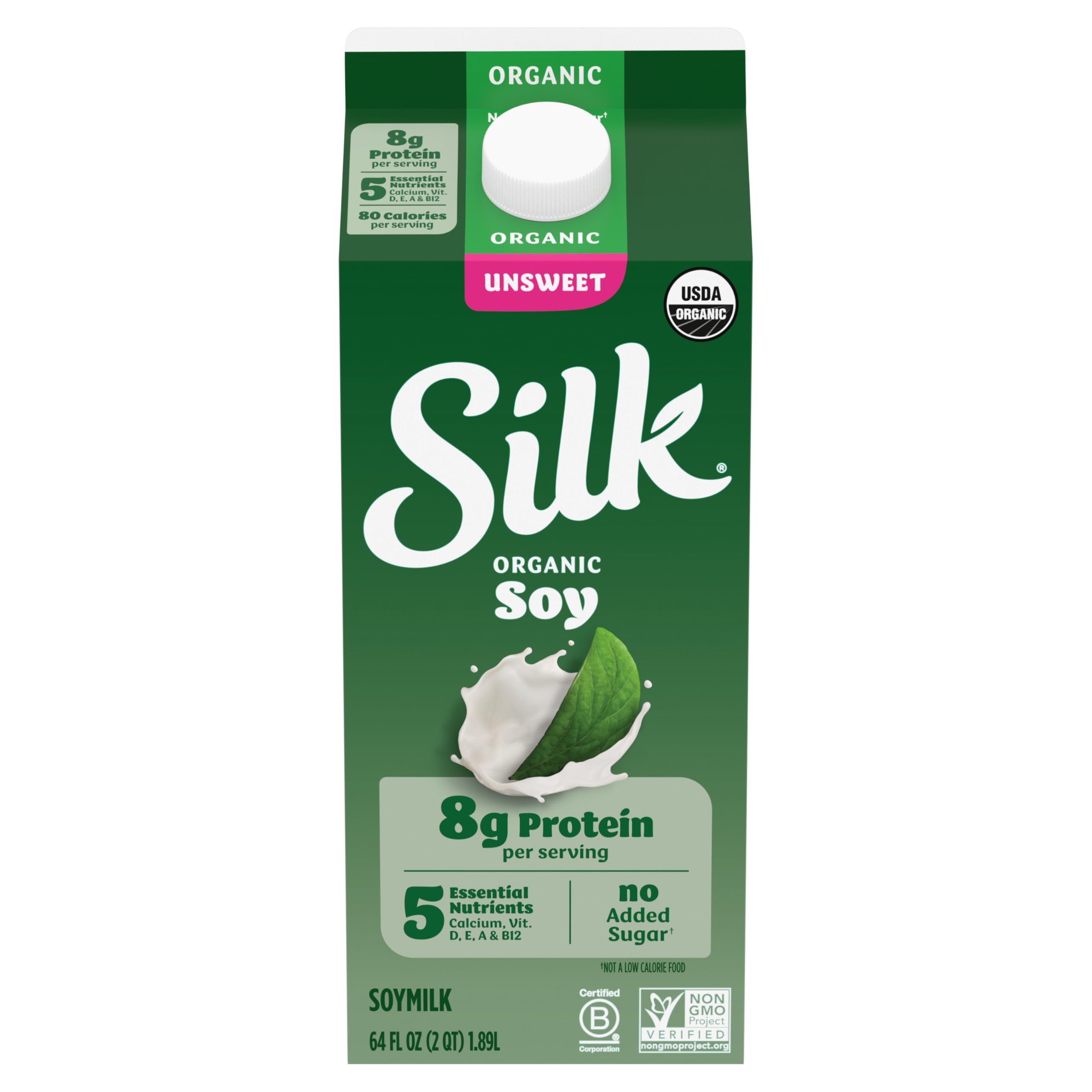 Silk Plant Based Soy Milk, Unsweet Organic, 64 fl oz | Dairy-Free, Gluten-Free, Vegan Organic Soy Milk, No Added Sugar, 8 Grams of Protein, Add to Cereal or Smoothies
