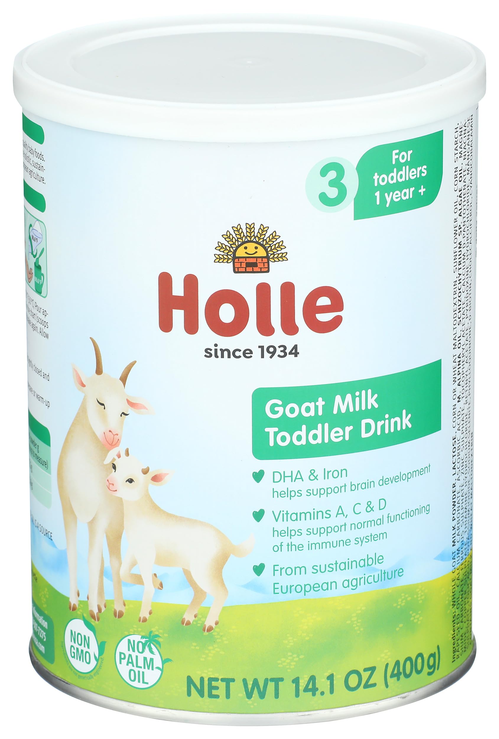 Holle Organic Goat Milk Toddler Drink (Stage 3) — European Whole Goat Milk Powder with Naturally Occurring A2 Beta-Casein, Clean Label Project Certified, Made in Germany, Non-GMO Ingredients, 14 oz (12–36 Months)