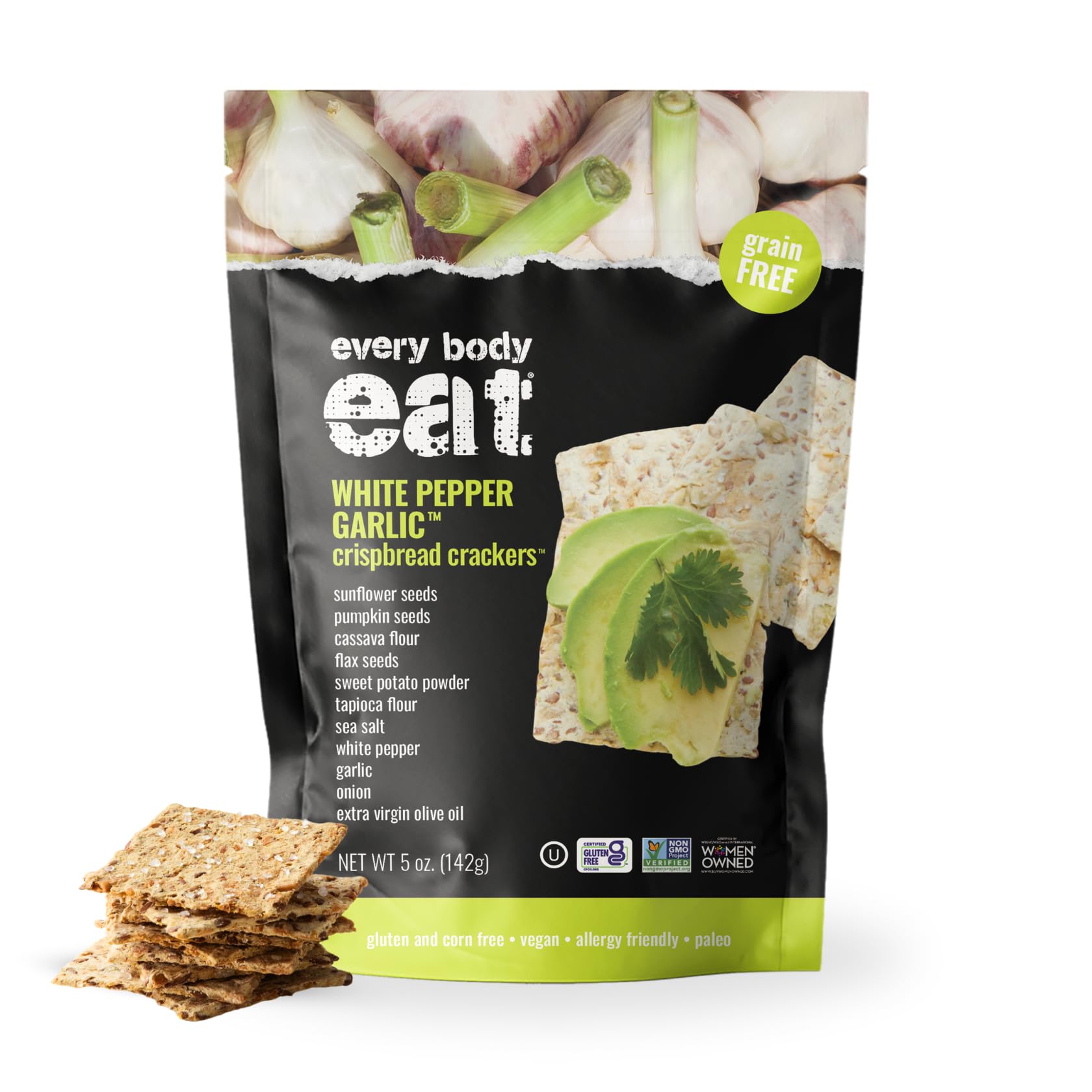 Every Body Eat Crispbread Crackers, White Pepper & Garlic - Gluten Free, Grain Free, Dairy Free, Vegan, and Seed Oil Free, 5 Ounce