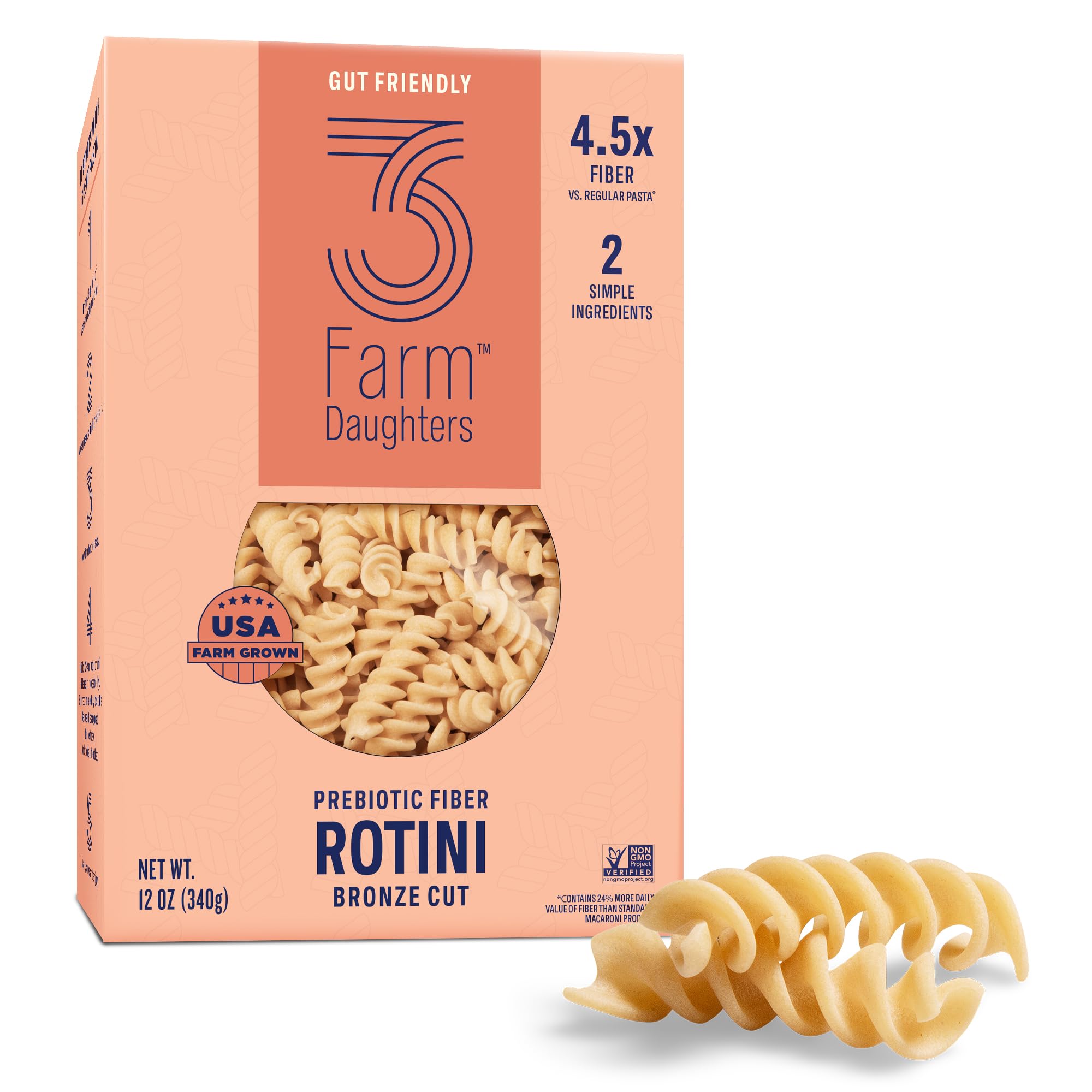 Three Farm Daughters High Fiber Pasta Rotini, 12 oz. (1 Pack) | Gut Healthy, Low GI, High Fiber Noodles, More Protein & Lower Net Carb, Made in the USA from 2 Simple Ingredients, Non GMO