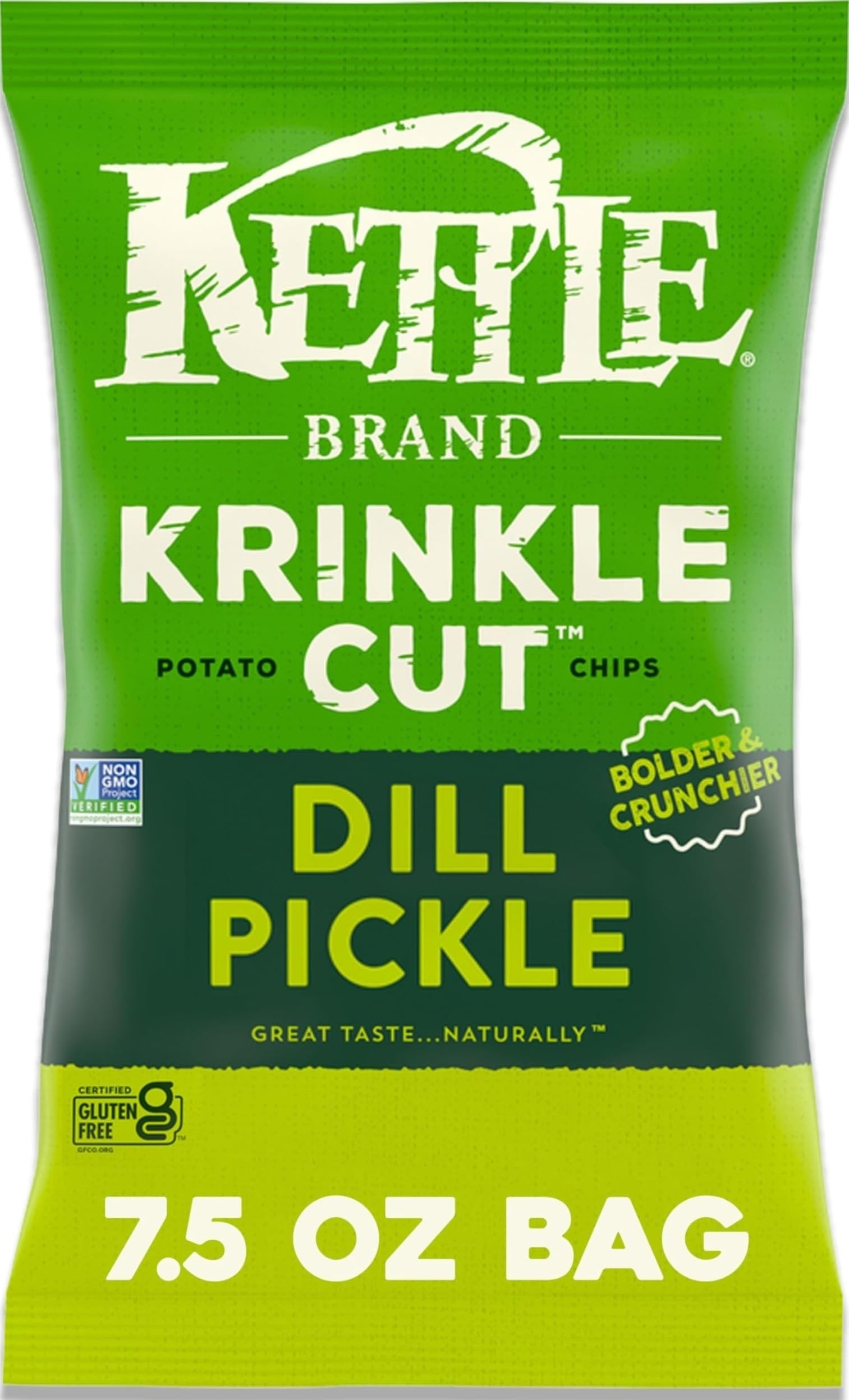Kettle Brand Potato Chips, Krinkle Cut, Dill Pickle Kettle Chips, 7.5 Oz
