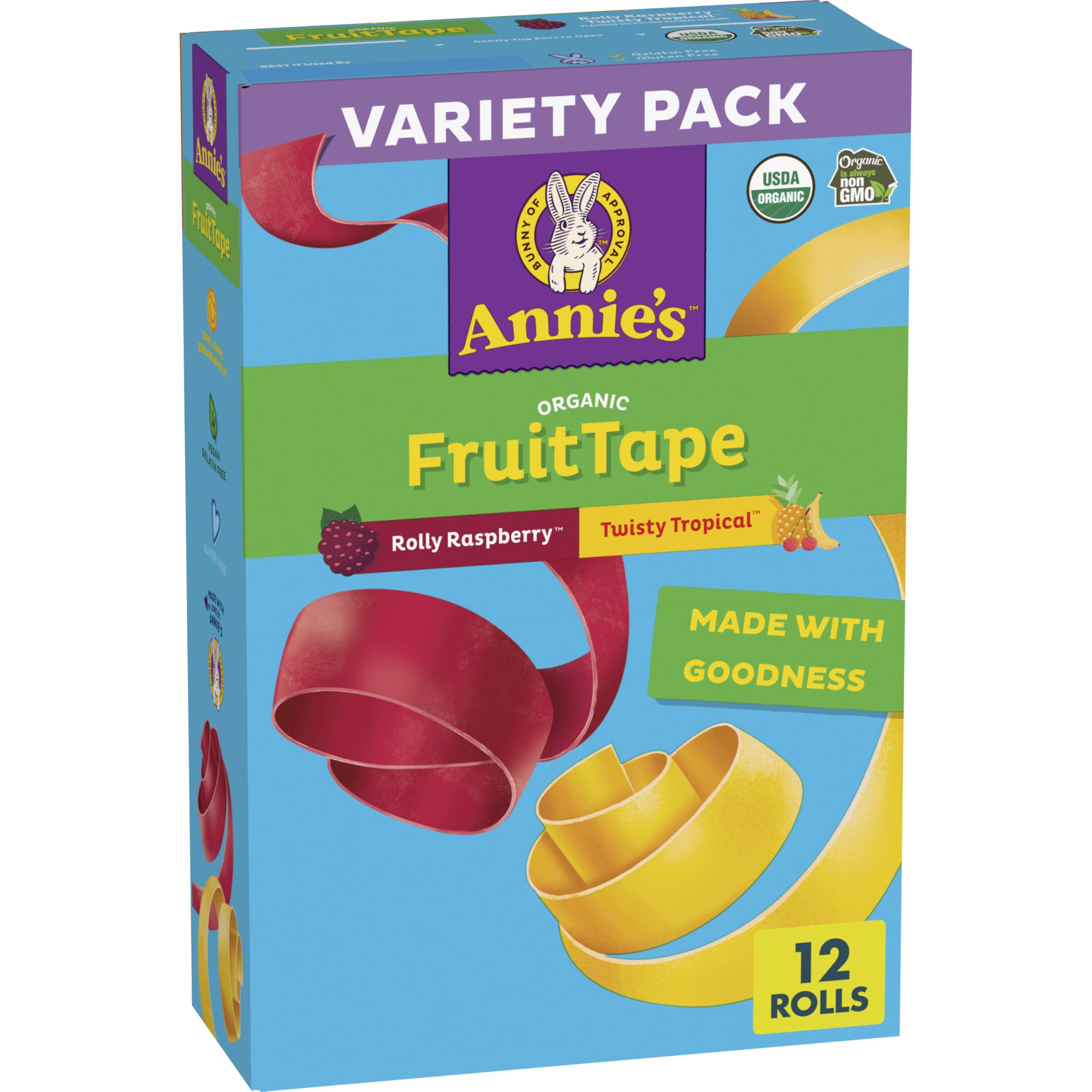 Annie's Organic Fruit Tape, Raspberry & Tropical Variety Pack (Pack of 12) | Fruit-Flavored Snacks (6 of Each Flavor), Great for Lunchboxes, Gluten-Free, No High Fructose Corn Syrup, 9 oz