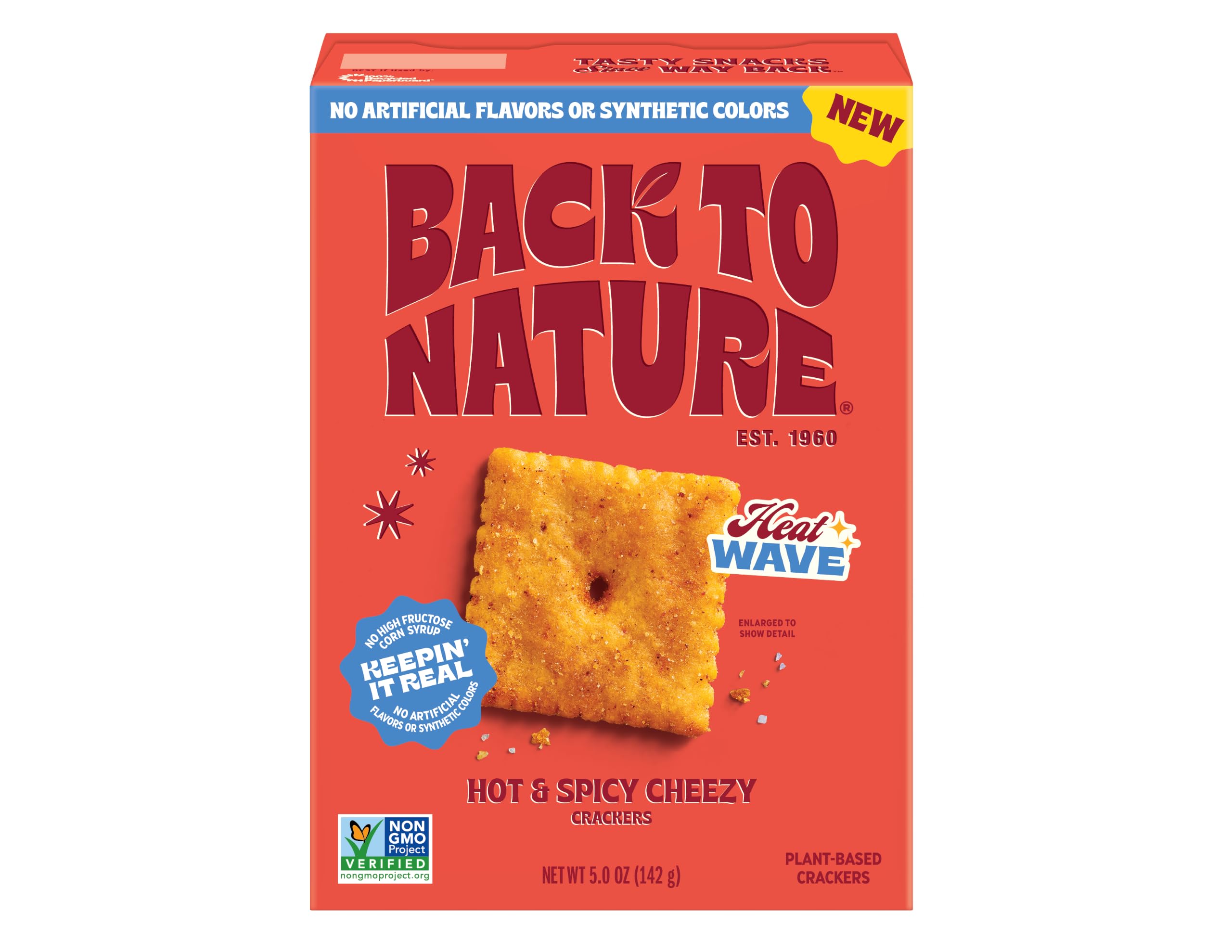 Back to Nature Hot & Spicy Cheezy Crackers Squares, Plant Based Snack, 1pk | No Dairy Added Cheese Cracker Squares, Plant Based, Non GMO No High Fructose Corn Syrup No Artificials, Wholesome Snacks 5oz