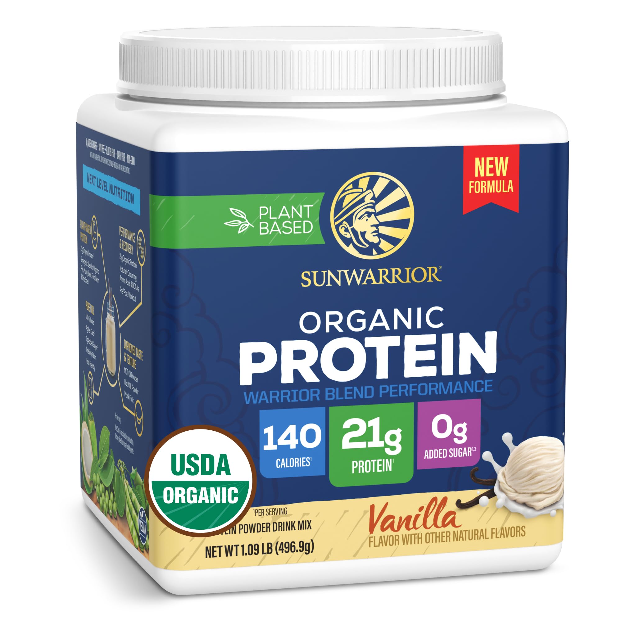 Sunwarrior Organic Vanilla Warrior Blend Performance Protein, 17.44 OZ | Organic Plant-Based Protein Powder 21g Protein BCAAs Recovery Energy Keto Friendly Smooth Great Taste Prebiotic Fiber