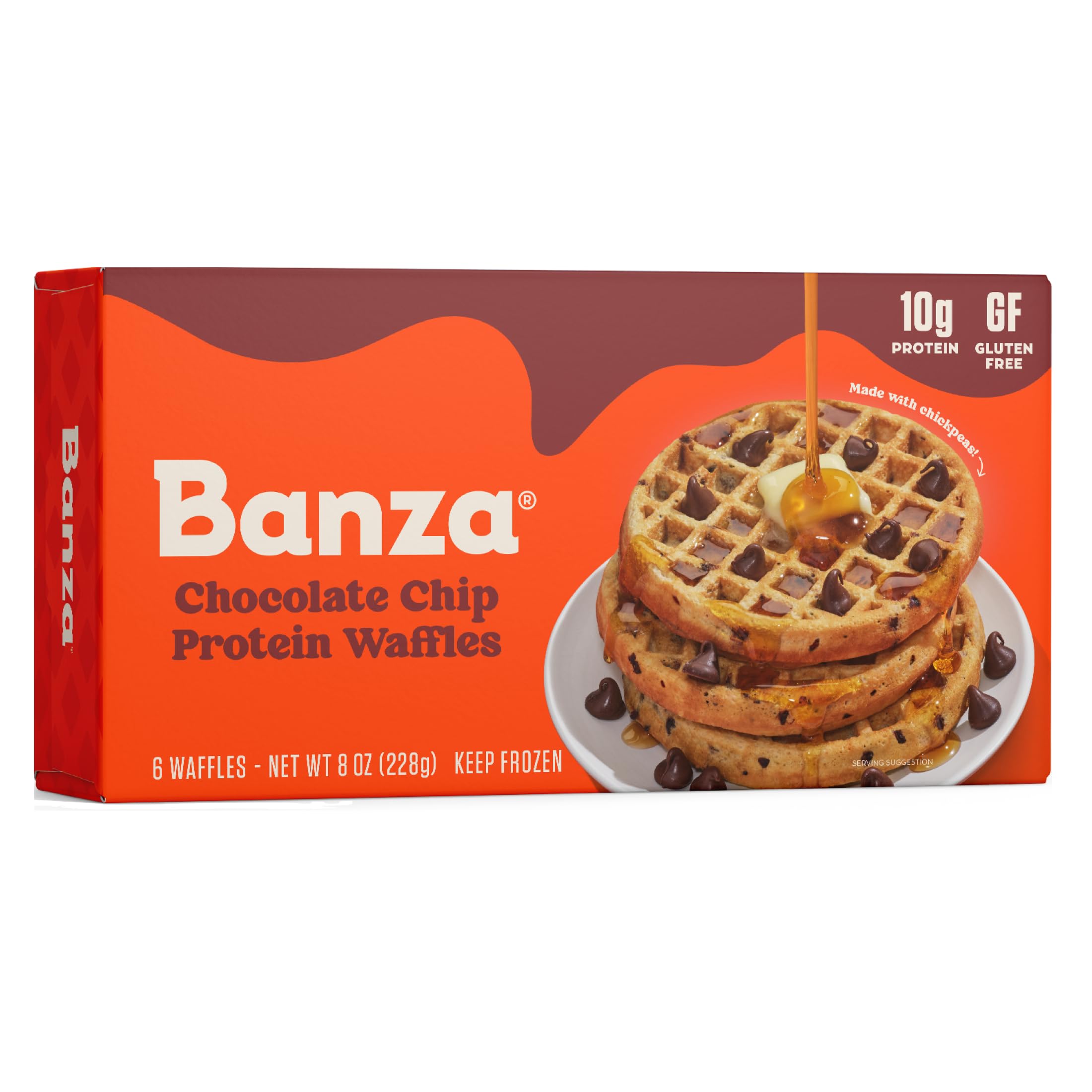 Banza Chocolate Chip Waffles, Frozen Waffles from Chickpeas - High Protein, Gluten Free, Lower Carb Toaster Waffles, 8oz