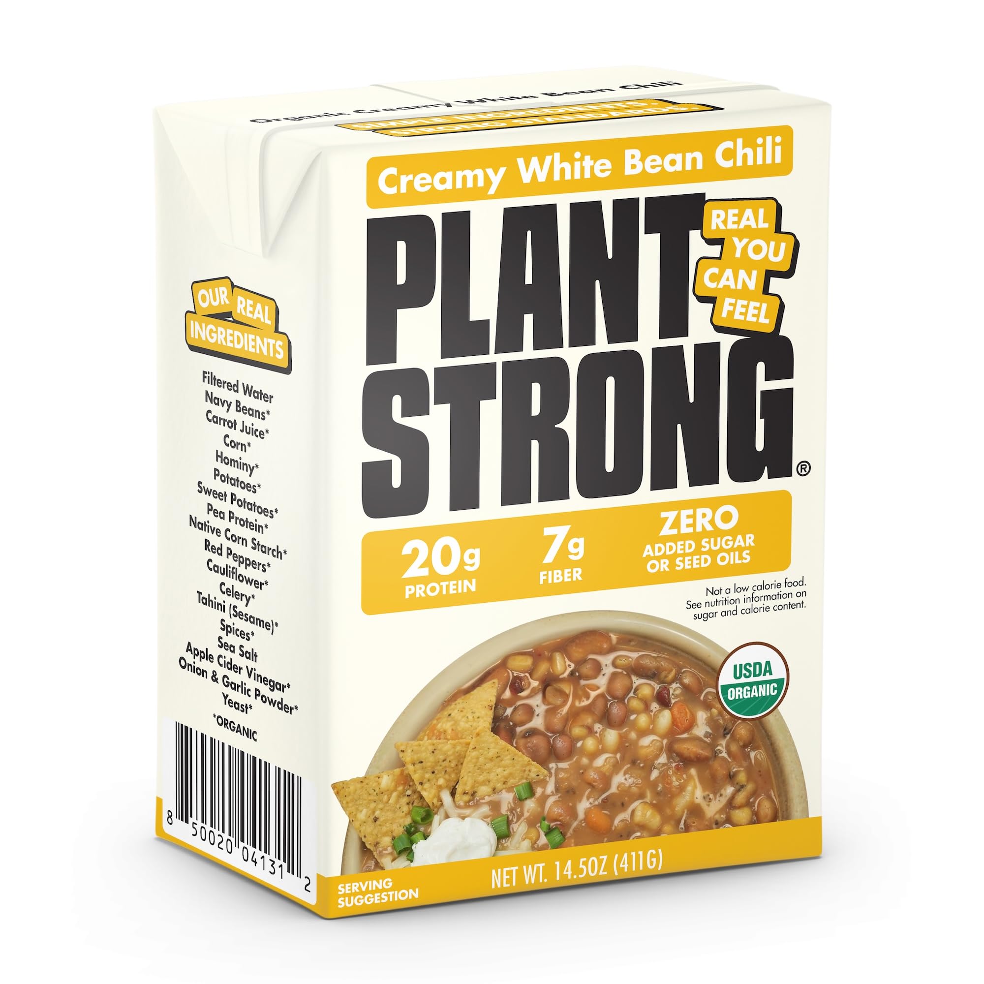 Plant Strong Organic Creamy White Bean Chili, 14.5 oz | High Protein Vegan Chili with Navy Beans, Sweet Potatoes & Corn, 20g Protein, USDA Organic, No Seed Oils, Ready-to-Eat Meal