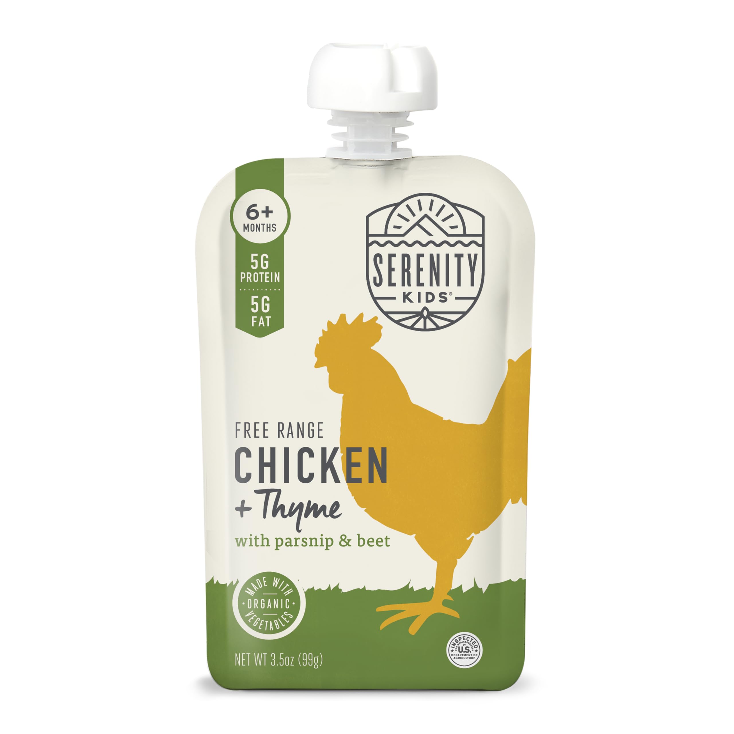 Serenity Kids Baby Food Pouches, Chicken & Thyme, No Added Sugar, 3.5 Oz | Protein-Forward Baby Puree, Real Meat Chicken Baby Food Meat Pouches Toddler, Veggie-First, Organic Toddler Food