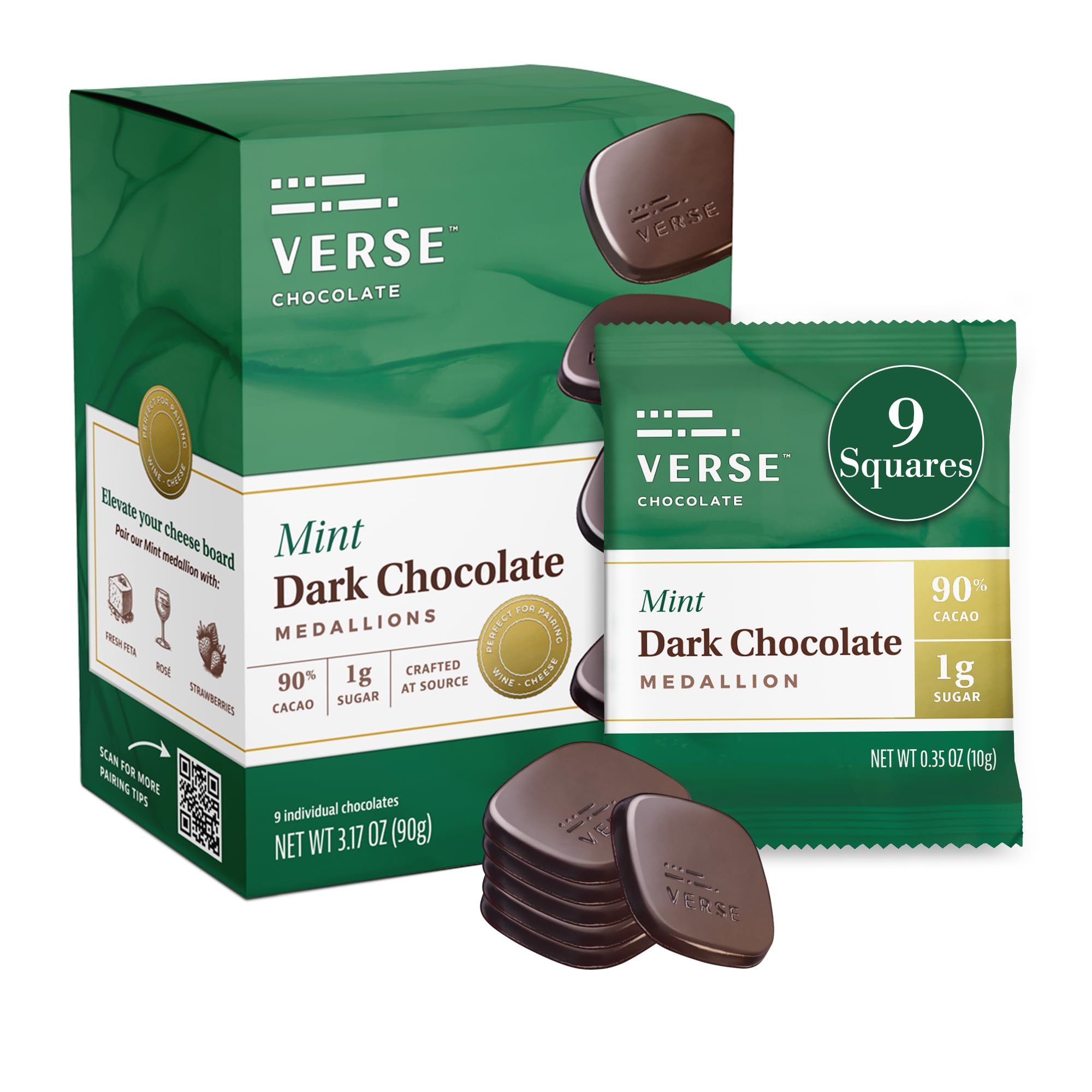 Verse Chocolate - Dark Chocolate Mint Squares - 90% Dark Chocolate w/Only 1g Cane Sugar - Dairy-Free, Gluten-Free & Keto Friendly Healthy Chocolate (9 Count, 1 Pack)