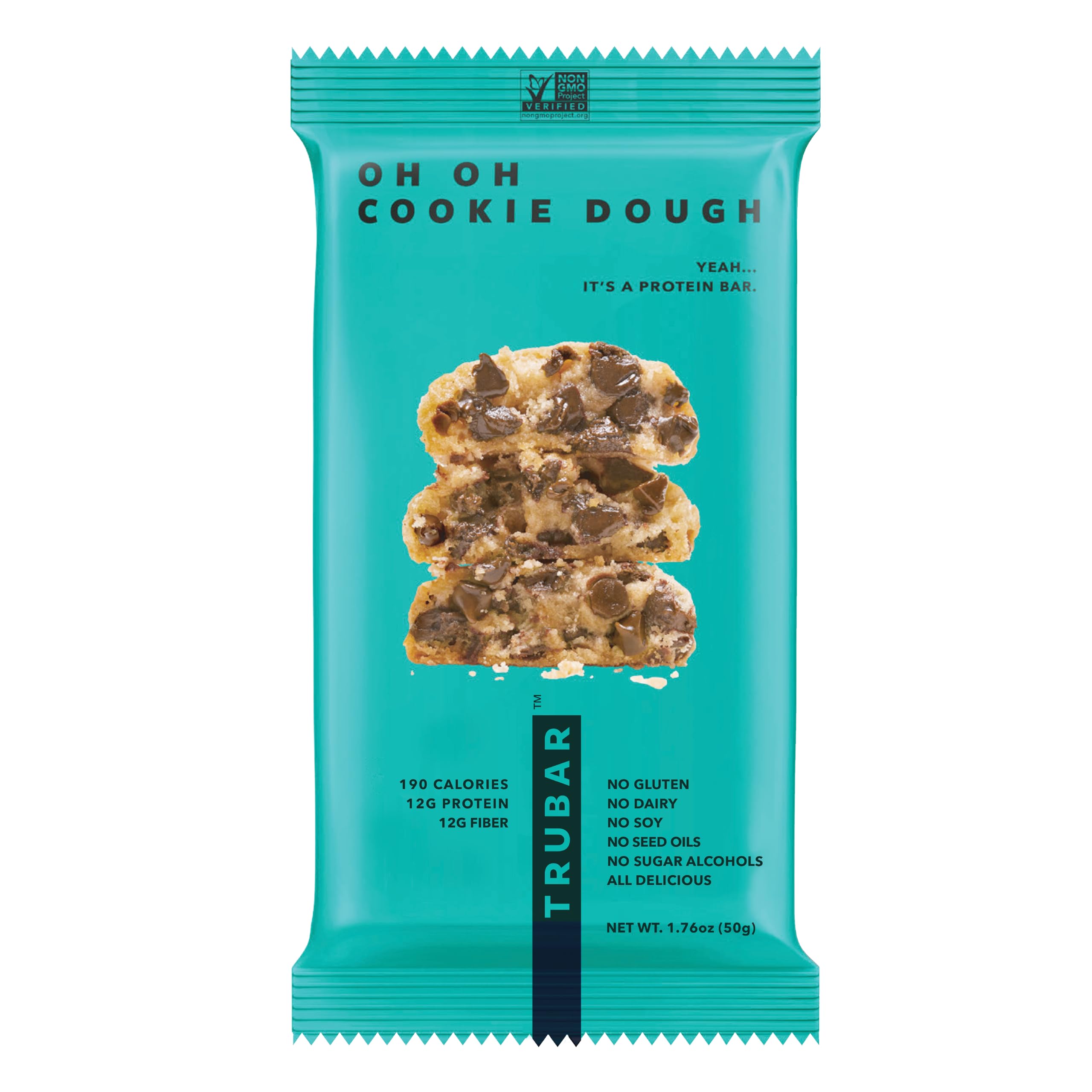 TRUBAR Vegan Protein Bar, Oh Oh Cookie Dough, Gluten Free, Plant Based, High Fiber, Dairy Free, Low Fat, Non GMO, No Sugar Alcohols, 12G Lean Protein, 13G Fiber, Healthy Snack Bars, 1 CT