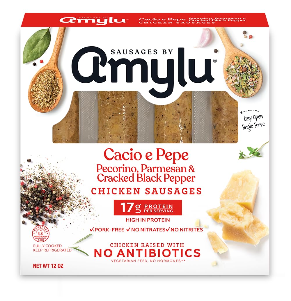Amylu Foods Cacio e Pepe Chicken Sausage, Natural Ingredients, 17g of Protein, GAP Certified Chicken Raised with No Antibiotics, Fully Cooked, Gluten-Free, No Nitrates or Nitrites, 12 oz