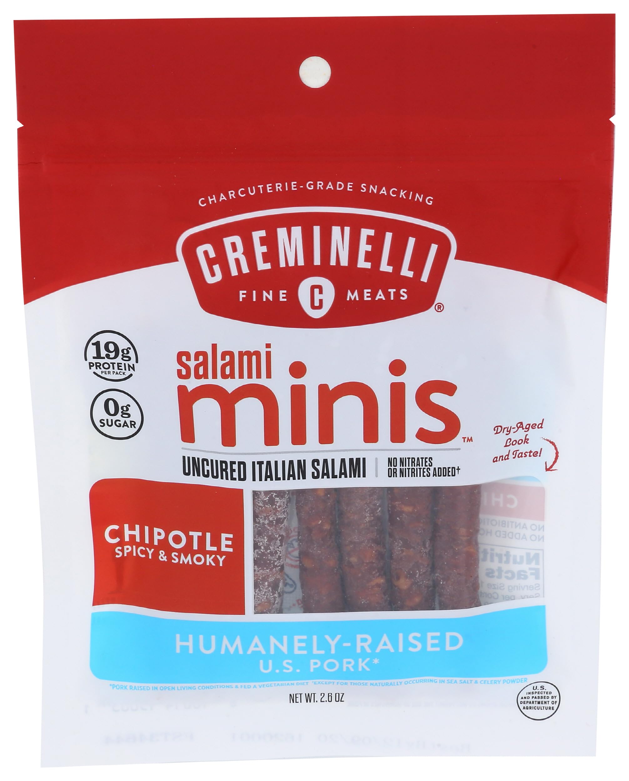 Creminelli Chipotle Salami Minis, (1 count 2.6oz), Humanely Raised Pork*, No Added Nitrates or Nitrites, No Artificial Ingredients, Gluten Free, Keto & Paleo Friendly Snacks, 19g Protein Per Pouch, 0g Sugar**