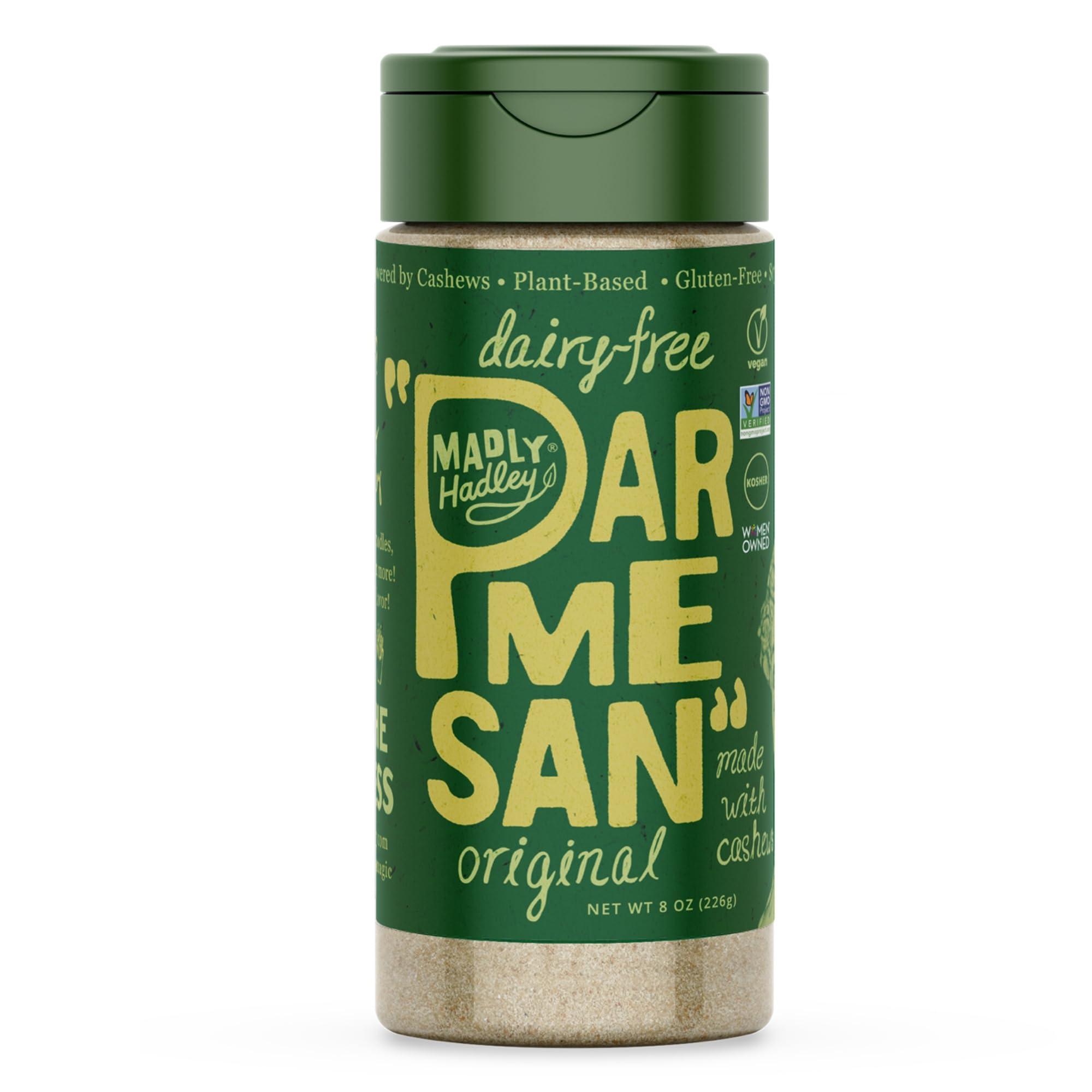 Madly Hadley Vegan Parmesan Cheese, 8oz - Dairy-Free Cashew Grated Topping | Vegan cashew parmesan with rich, savory flavor - dairy-free, gluten-free grated topping for pasta, salad & sauces