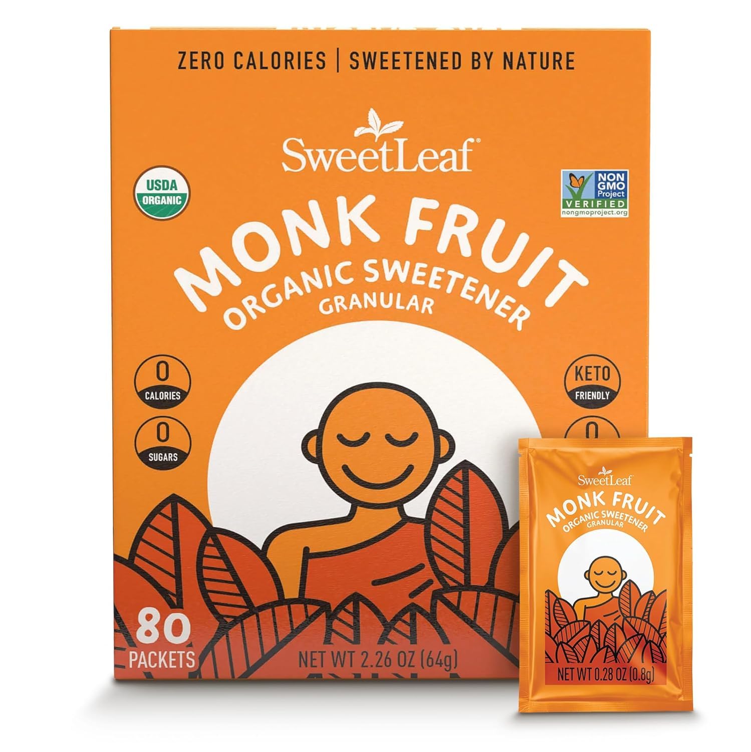 SweetLeaf Organic Monk Fruit Sweetener, Granular - 80 Individual Packets | Keto Friendly Natural Sugar Substitute for Coffee, Tea, and Baking, Zero Calorie, Non GMO, Sugar Free