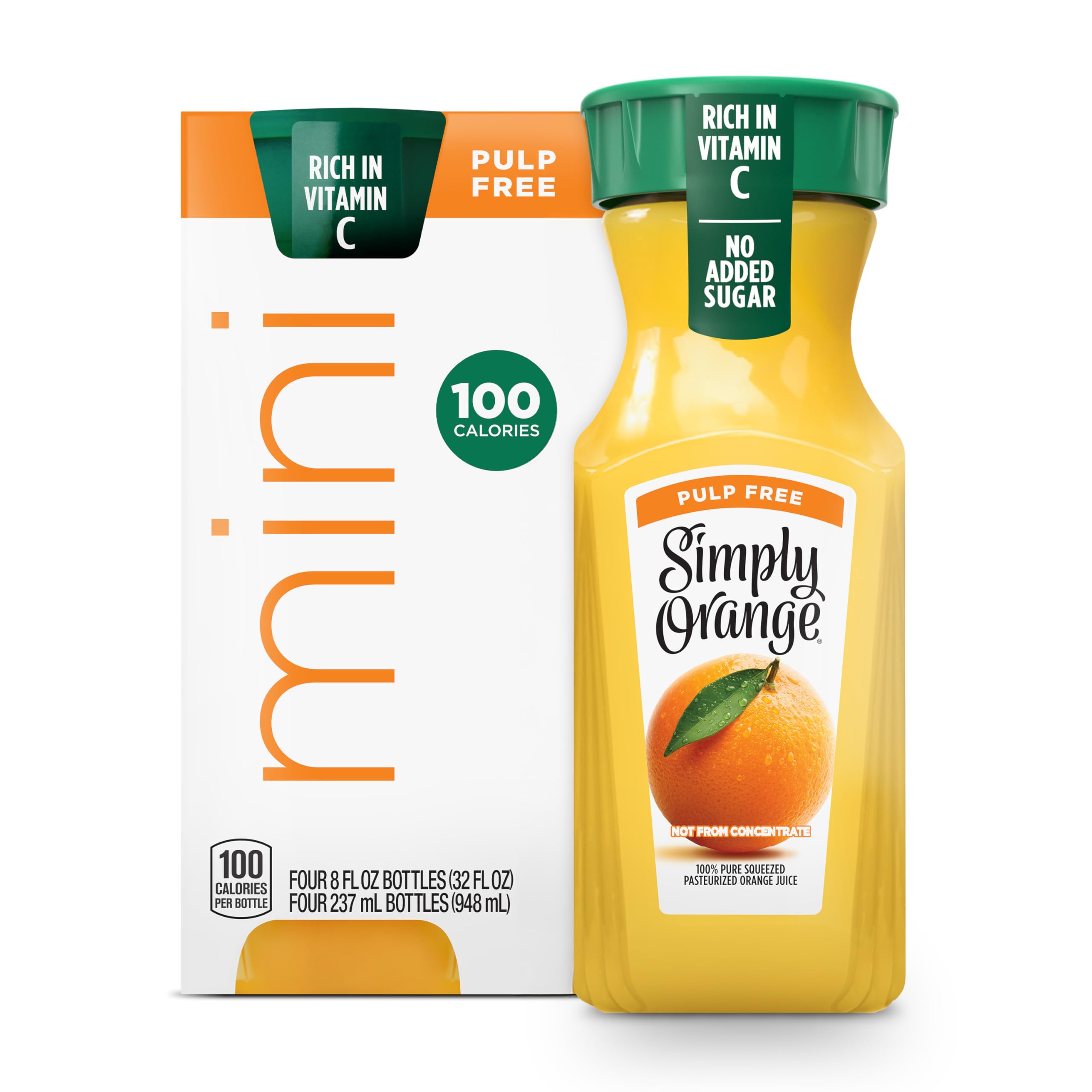 Simply Orange, Pulp Free Orange Juice Not From Concentrate, 8 Fl Oz, 4 Count