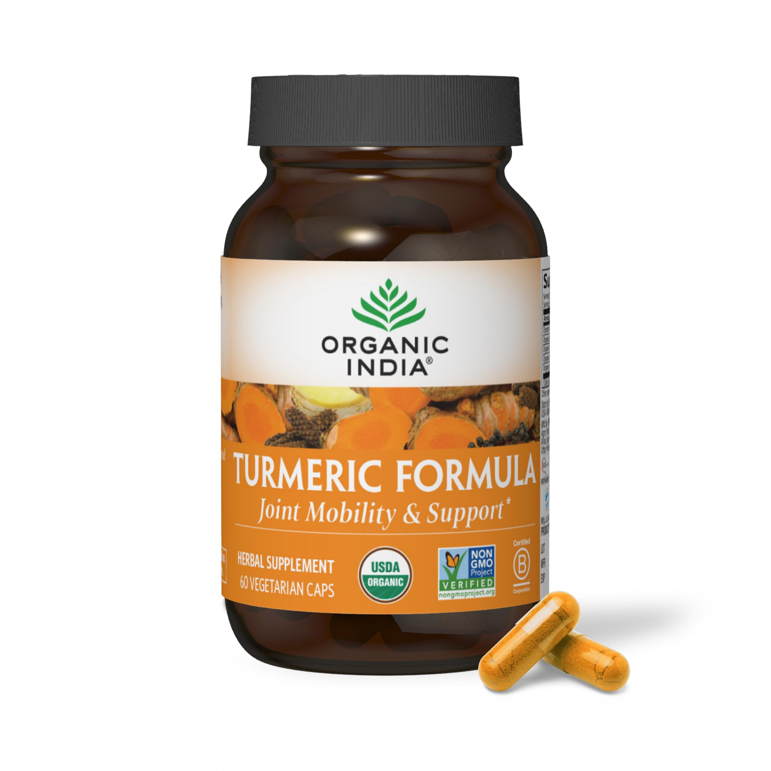 ORGANIC INDIA Turmeric Curcumin with Black Pepper, Whole Root, 60 Capsules | Organic Turmeric & Curcumin Supplement, Joint & Immune System Support
