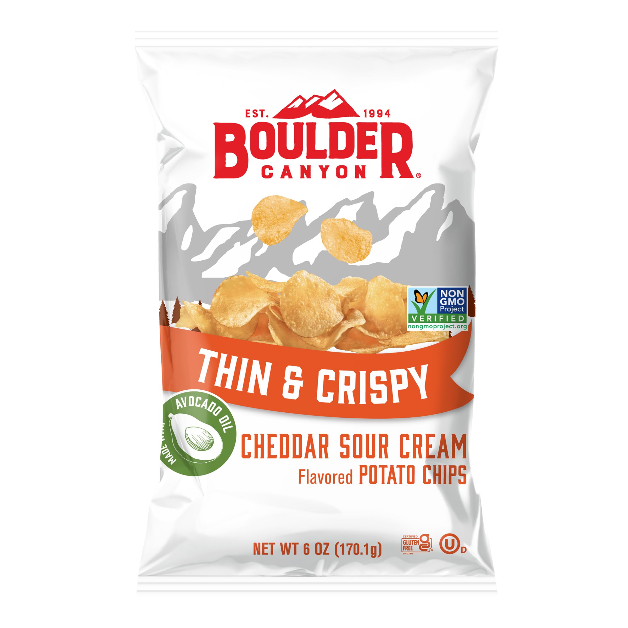 Boulder Canyon Thin & Crispy Cheddar Sour Cream Potato Chips, 6 oz Bag | Thin-cut, crispy texture with bold cheddar and sour cream flavor