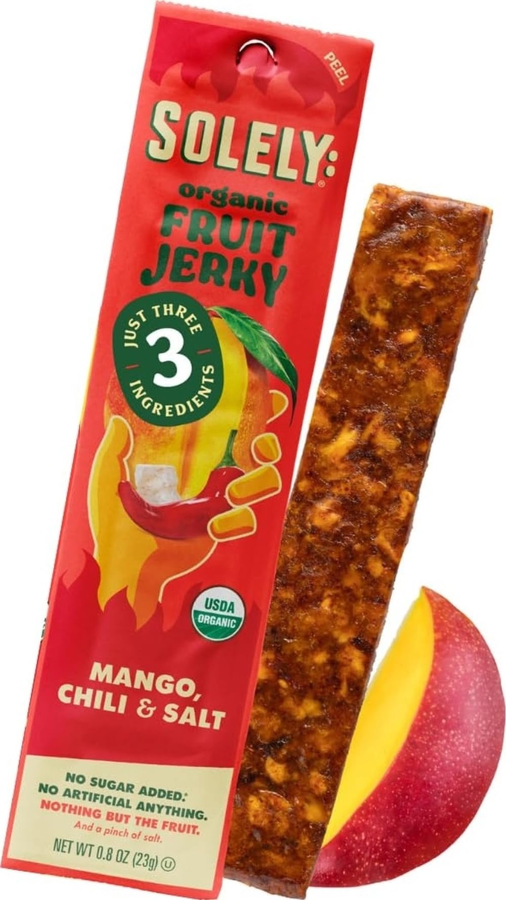 SOLELY - Organic Spicy Mango Chili and Salt Fruit Jerky - 1 Individually Wrapped Fruit Strip - Fruit Leather Made from Dried Fruit - Healthy Snacks for Adults & Kids - Vegan, Non GMO - 0.8oz (23g)