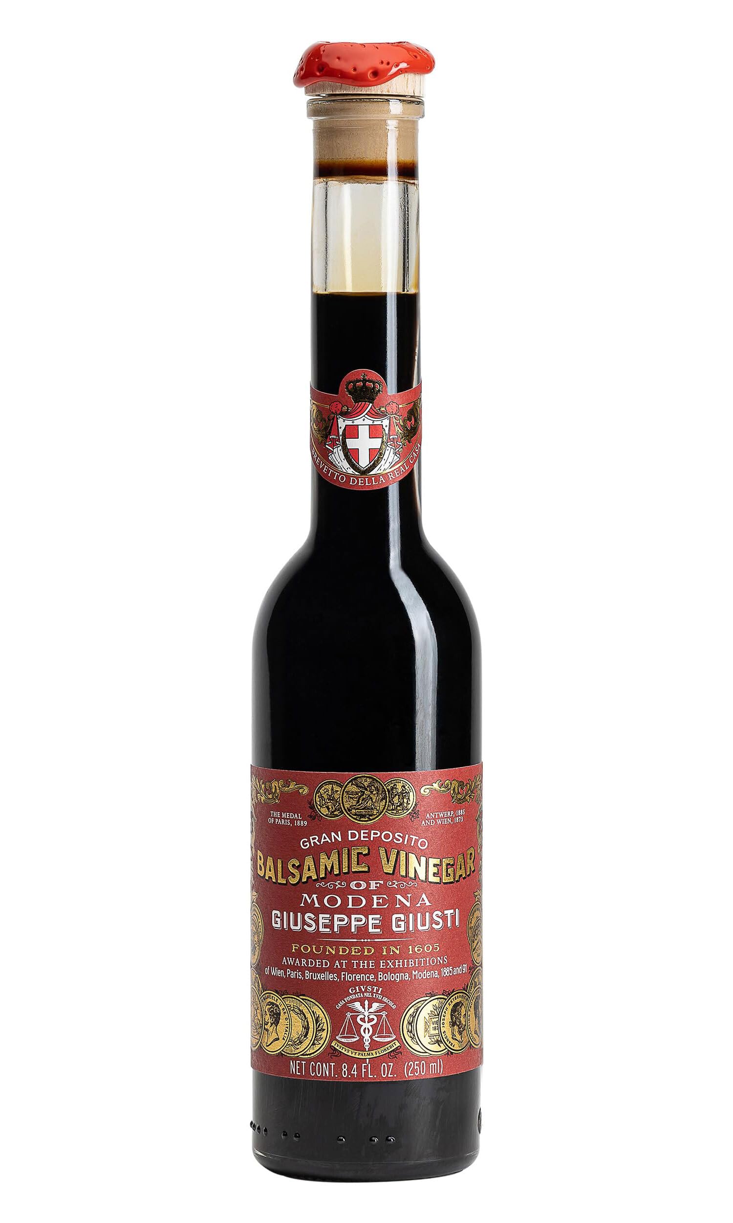 Giusti 3 Gold Medals Balsamic Vinegar of Modena IGP - 8.45 fl oz | Velvety texture with plum jam, red fruit, honey, and vanilla. Excellent for cheese, pasta, and meats. Matured in oak barrels.