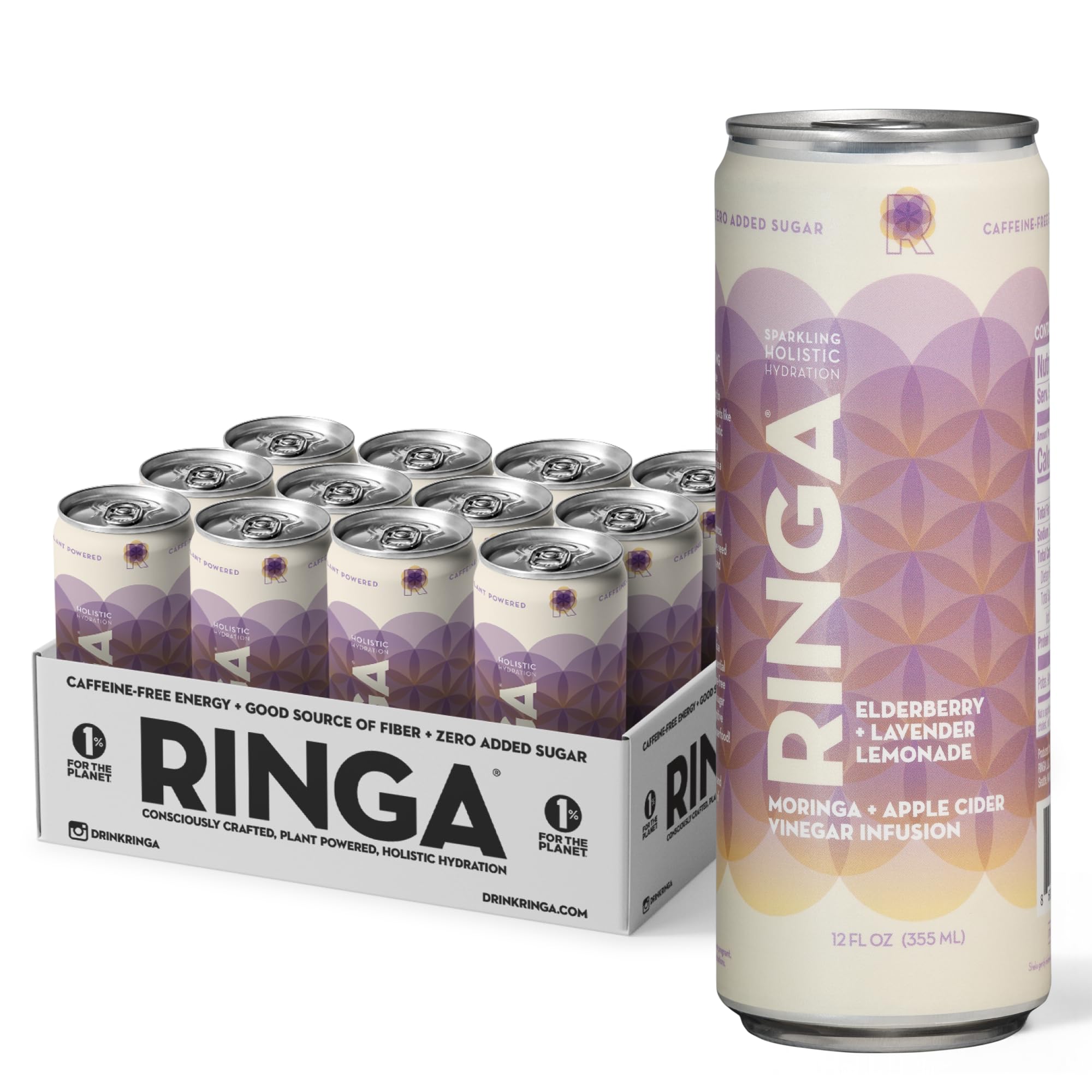 RINGA Elderberry Lavender Lemonade Sparkling Drink - Organic Moringa + Apple Cider Vinegar with 3g Prebiotic Fiber - No Added Sugar, No Natural Flavors - Gut Health & Immunity Support - 12oz Cans
