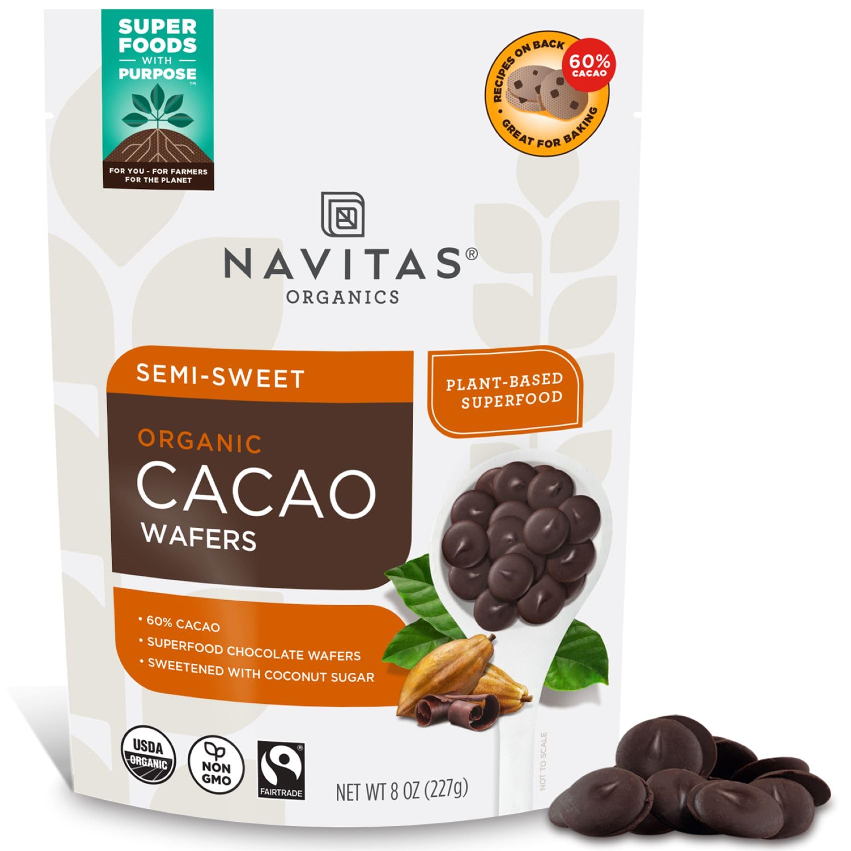 Navitas Organics Semi-sweet Cacao Wafers – 60% Cocoa – Dark Chocolate for Baking & Snacking – Ethically Sourced Chocolate – USDA Organic, Fairtrade, Non GMO, Gluten Free (8oz. Bag, 17 Servings)