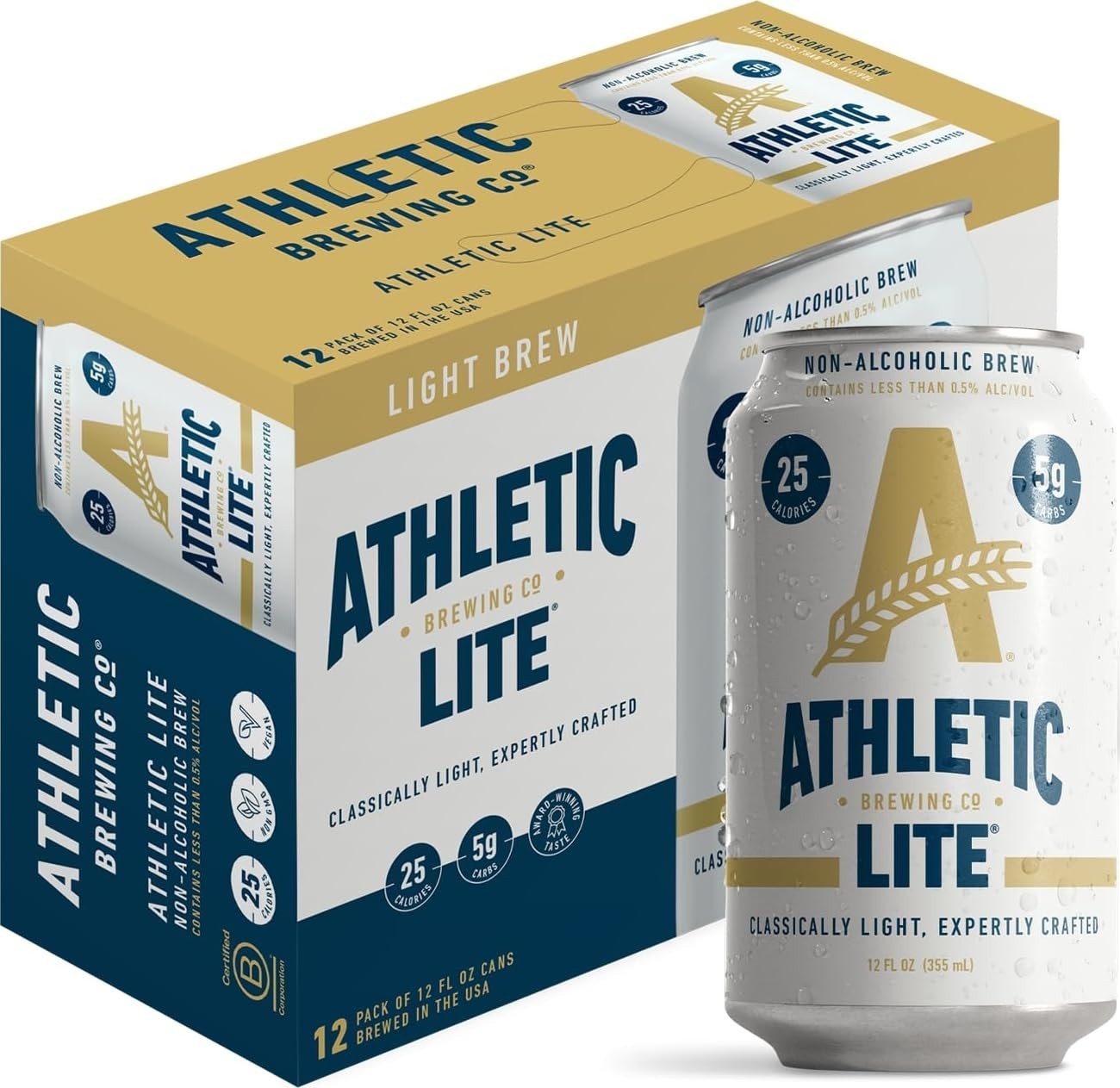 Athletic Brewing Company Craft Non Alcoholic Beer, Low Carb Light Brew With Rice & Malt Body, Pair With Salad & Pizza, Vegan, Low Calorie Athletic Lite, 12 Pack, 12 FL Oz Cans