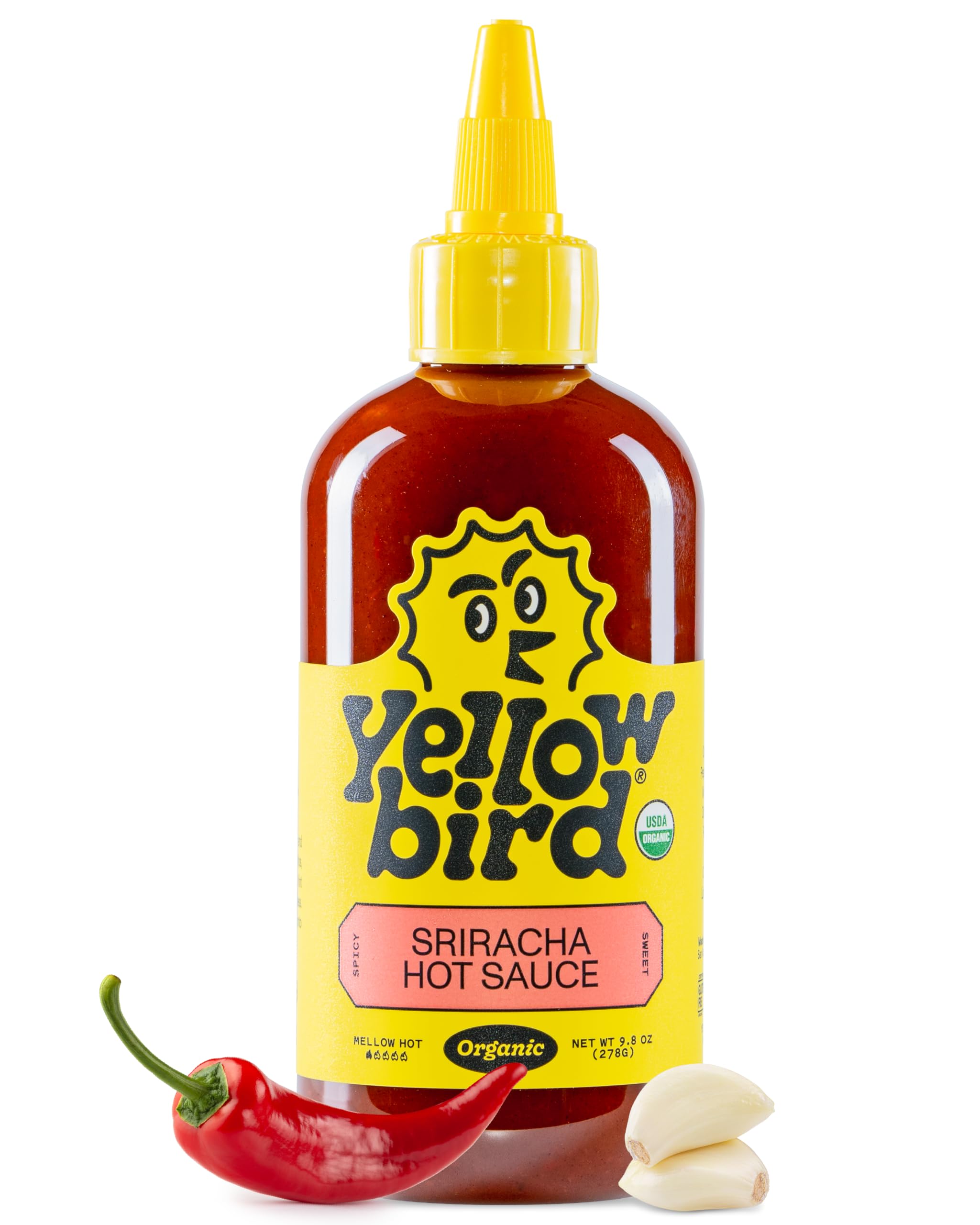 Yellowbird® Organic Sriracha Hot Sauce (9.8 oz) Mellow Hot - Pantry Size | Sweet, Spicy & Garlicky - Organic Garlic, Red Jalapeno Peppers, Dates & Lime - Made in Texas - Gluten Free, Vegan & Non GMO