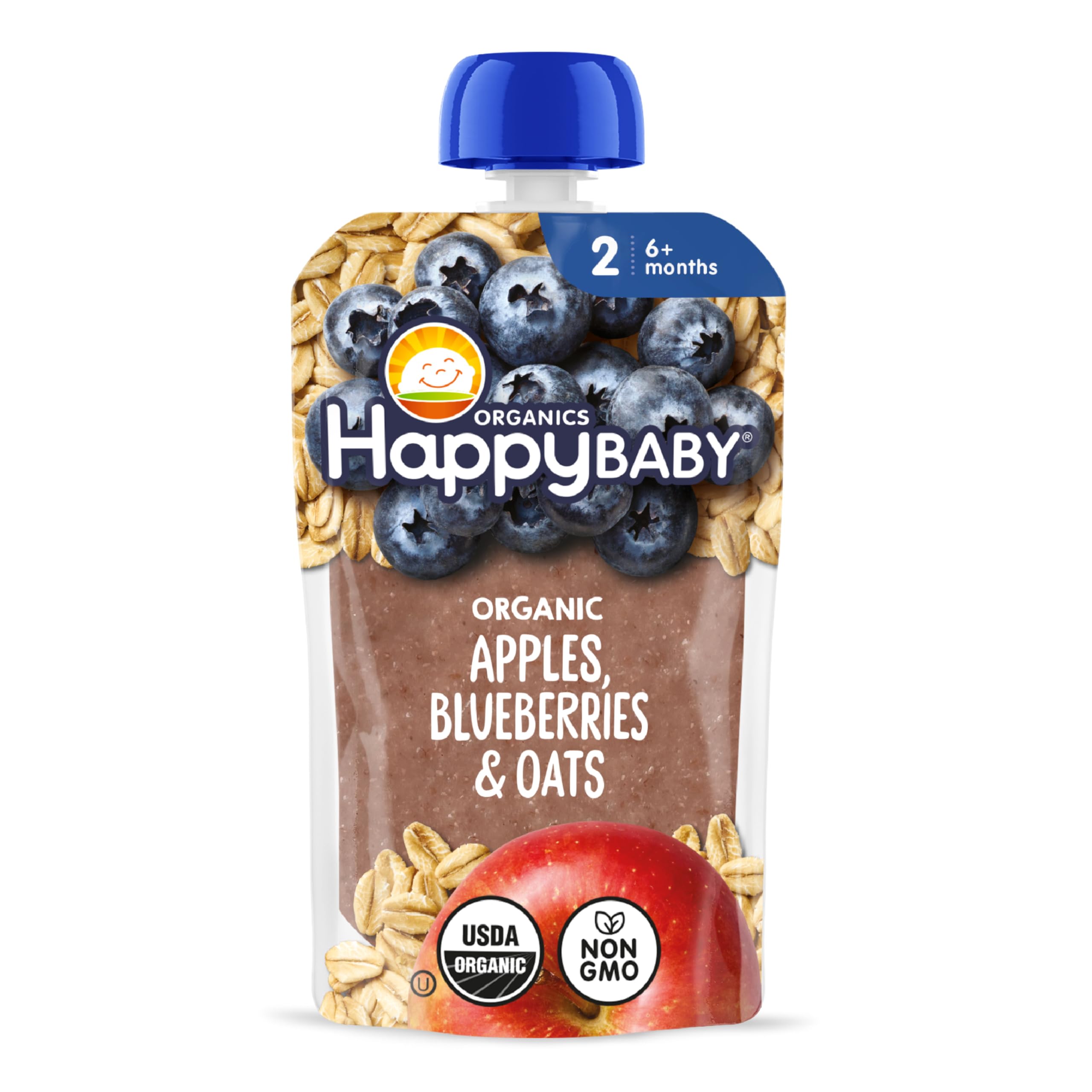 Happy Baby Organics Stage 2 Baby Food Pouches, Gluten Free, Vegan & Healthy Snack, Clearly Crafted Fruit & Veggie Puree, Apples, Blueberries & Oats, 4 Ounces (Pack of 1)