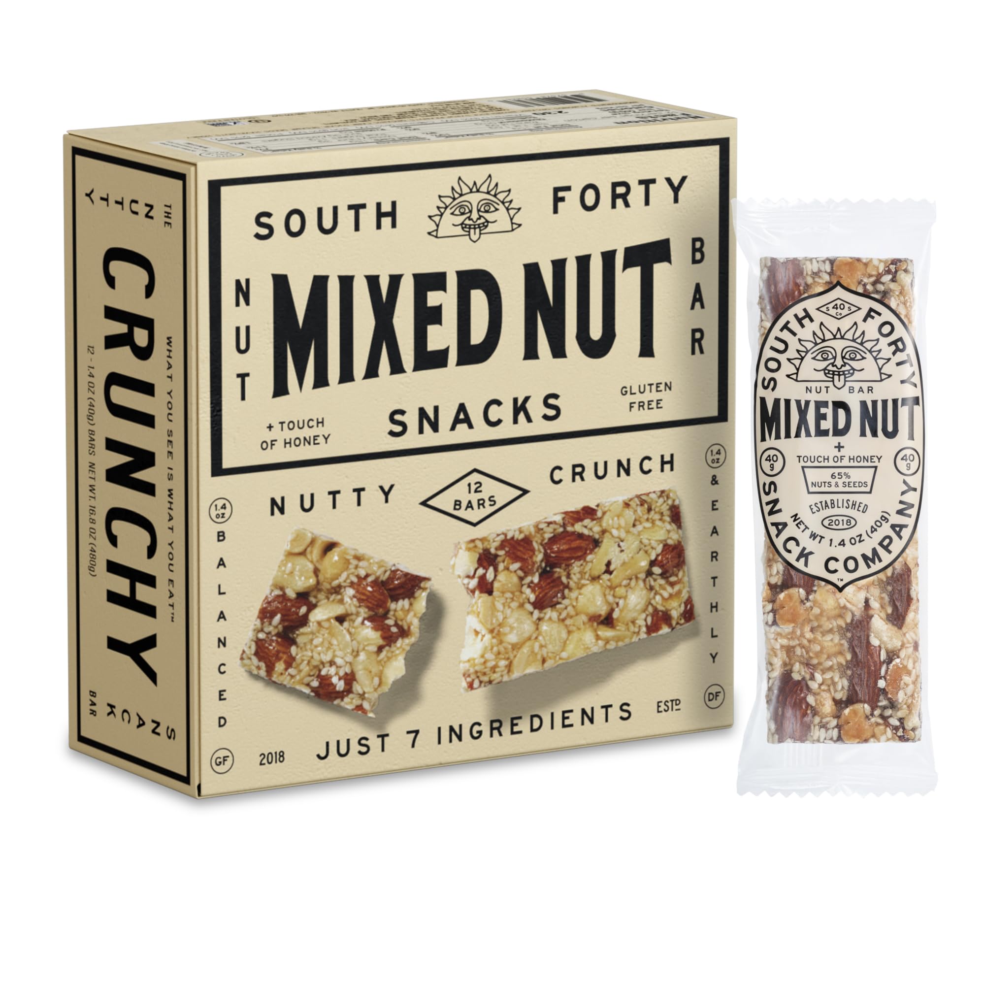 South 40 Snacks Mixed Nut Bar, 40g, Pack of 12 | Just 7 ingredients with a touch of honey; crunchy natural protein snack, individually wrapped
