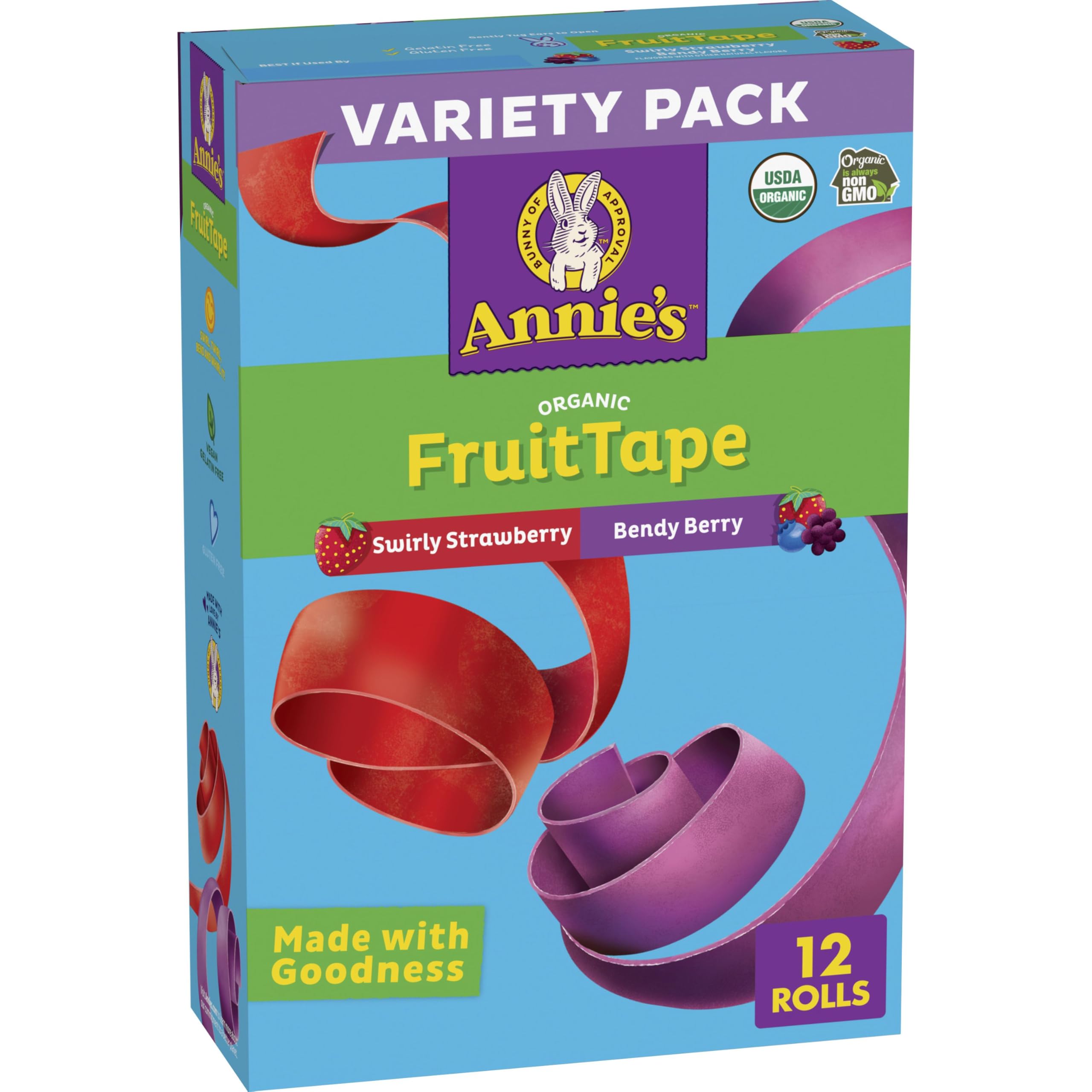 Annie's Organic Fruit Tape, Strawberry & Berry Variety Pack (Pack of 12) | Fruit-Flavored Snacks (6 of Each Flavor), Great for Lunchboxes, Gluten-Free, No High Fructose Corn Syrup, 9 oz