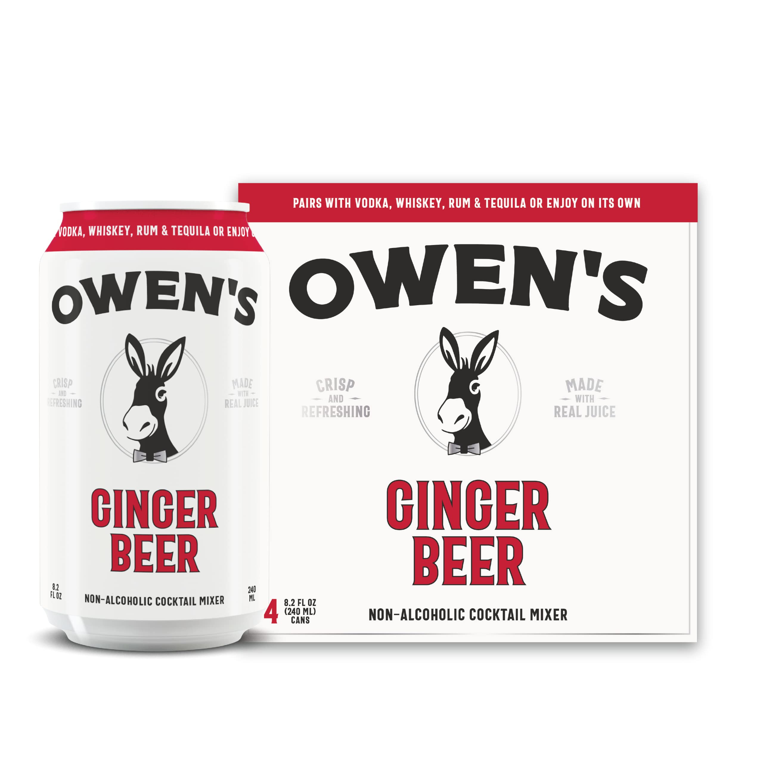 Owen's Premium Non-Alcoholic Sparkling Cocktail and Mocktail Mixer, Drink Mixer for Cocktails, Mocktails, and Party Beverage, 4 Pack of 8.2 fl oz Cans (Ginger Beer)