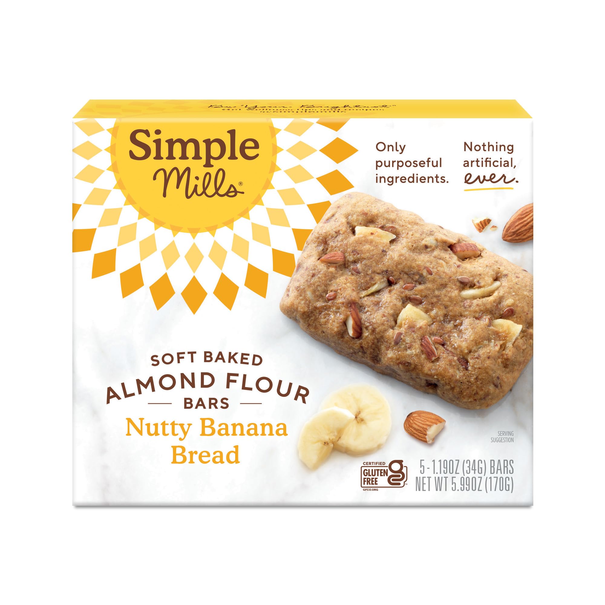Simple Mills Almond Flour Soft Snack Bars, Nutty Banana, 1pk, 5ct, 1.19oz | Certified Gluten Free Breakfast Bars, Delightfully Nutritious, Homemade Taste, Grain Free, Corn Free, Dairy Free