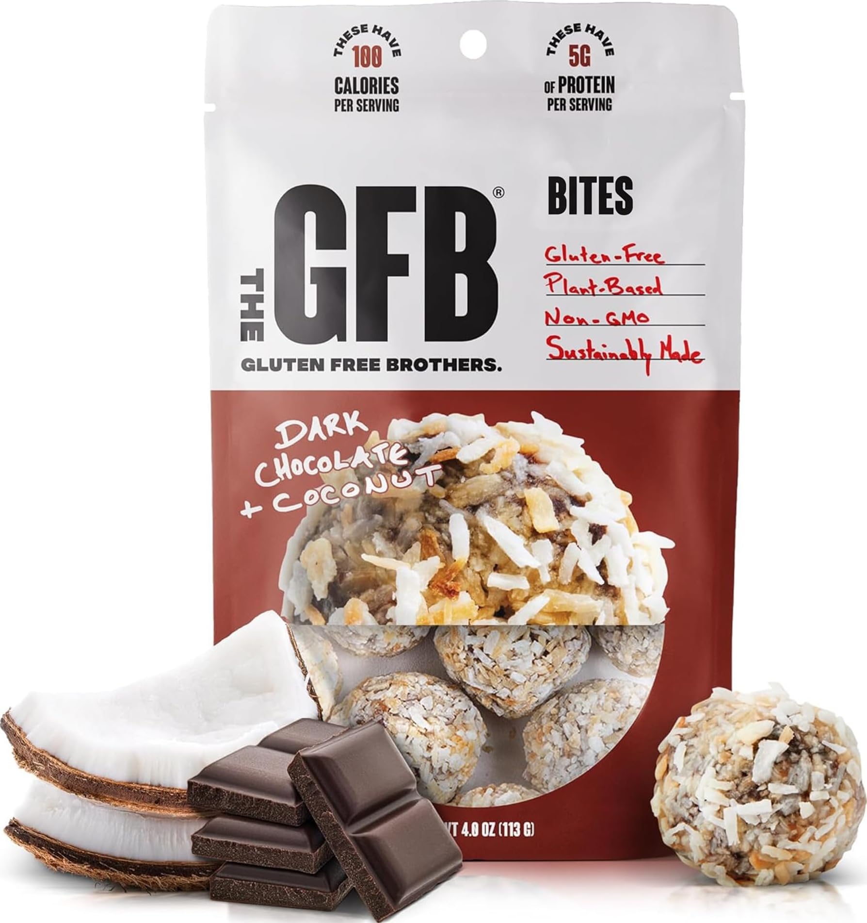 The GFB Dark Chocolate Coconut Protein Bites | Certified Gluten Free Snack Bites | Super Tasty Plant Based Protein Balls | Travel Ready Non-GMO, Kosher & Vegan Snacks | Resealable 4oz Bag, 1 Pack