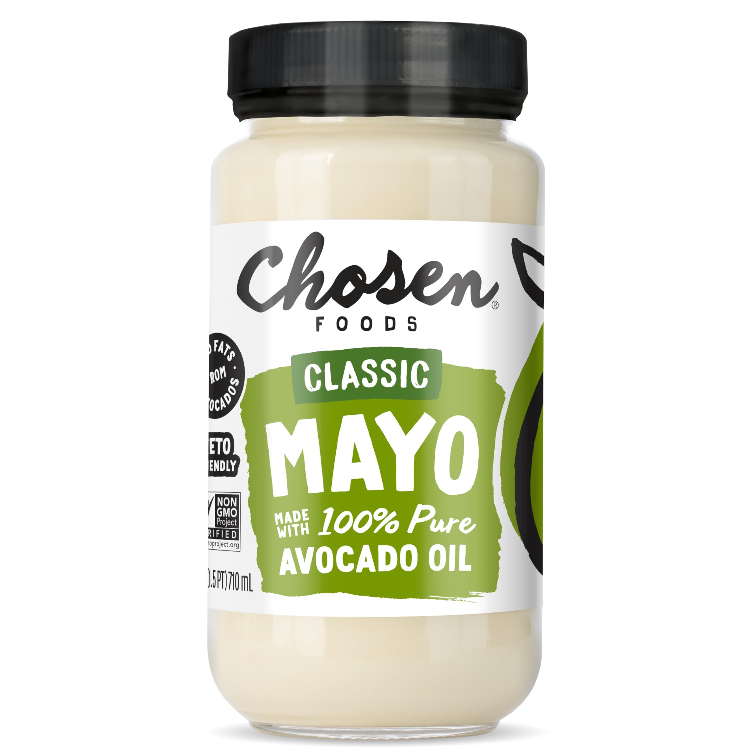 Chosen Foods Classic Mayo, 24 Fl Oz - 100% Pure Avocado Oil-Based Mayonnaise - Non-GMO, Gluten-Free, Keto Friendly - 710 mL Glass Jar (Pack Of 1)