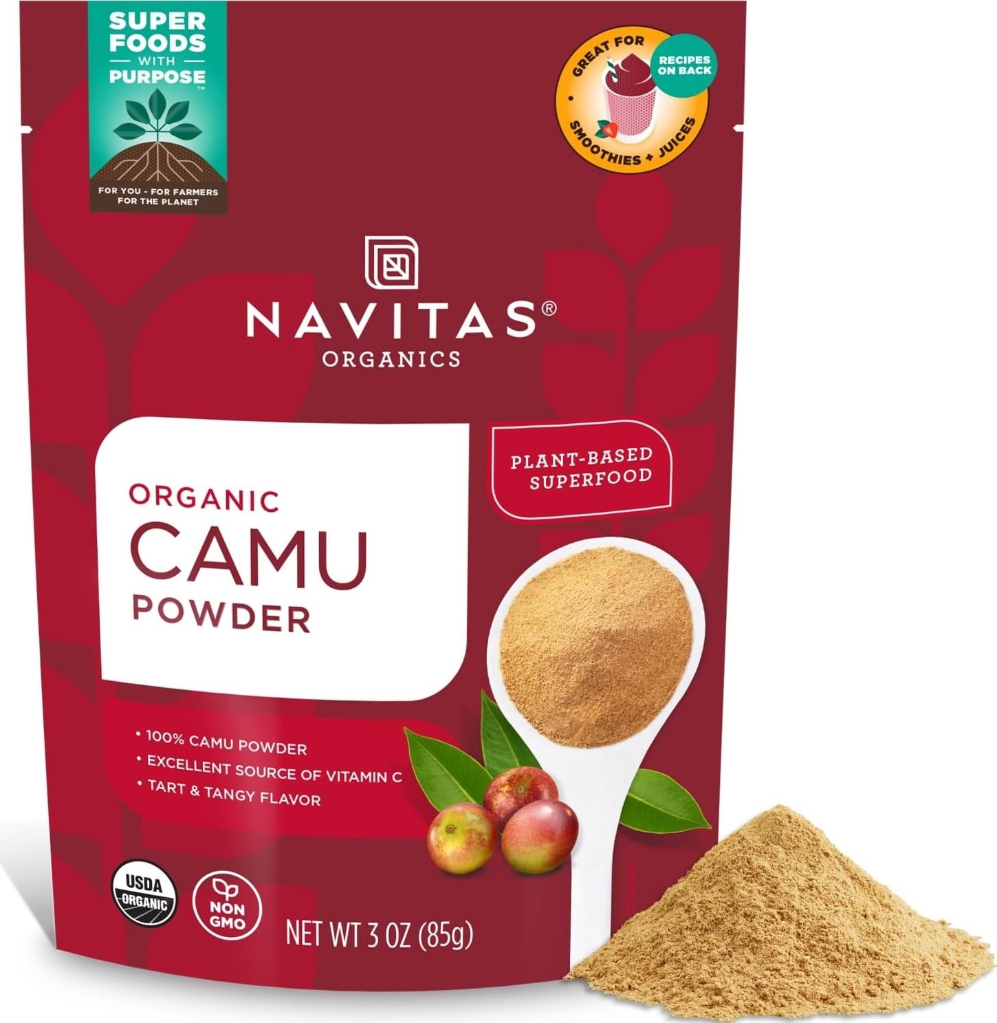 Navitas Organics Camu Powder – For Smoothies, Juices, Wellness Shots & More – Vitamin C, Antioxidants – Immune Support – USDA Organic, Non GMO, Kosher Gluten Free, Vegan (3oz - Bag)
